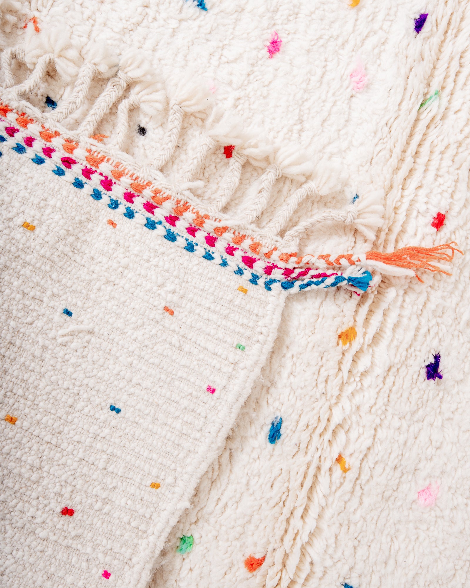 Modern, designer, handcrafted Berber rug from Morocco. Beniourain carpet with beautiful colours and patterns and fluffy wool texture. 