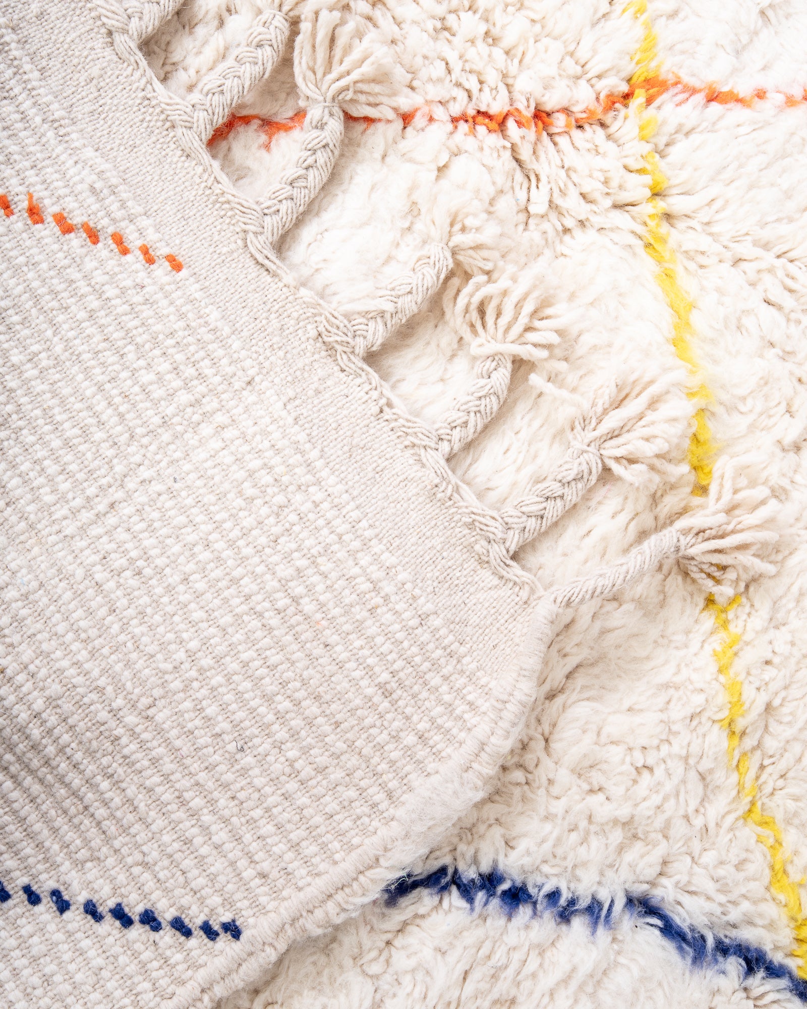 Modern, designer, handcrafted Berber rug from Morocco. Beniourain carpet with beautiful colours and patterns and fluffy wool texture. 