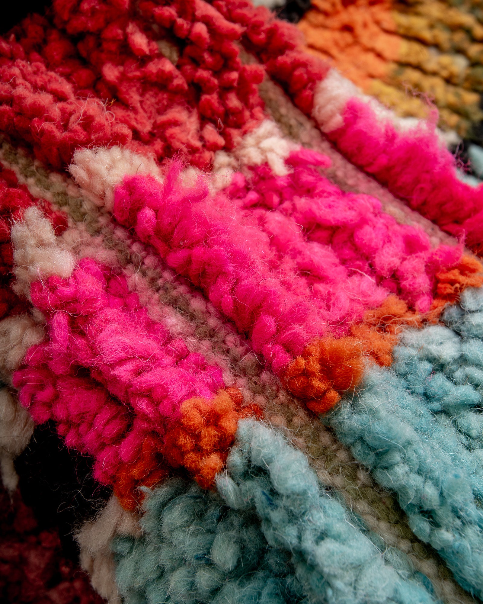 Vintage, handcrafted Berber rug from Morocco. Boucherouite carpet with beautiful colours and patterns and heavy cotton texture.