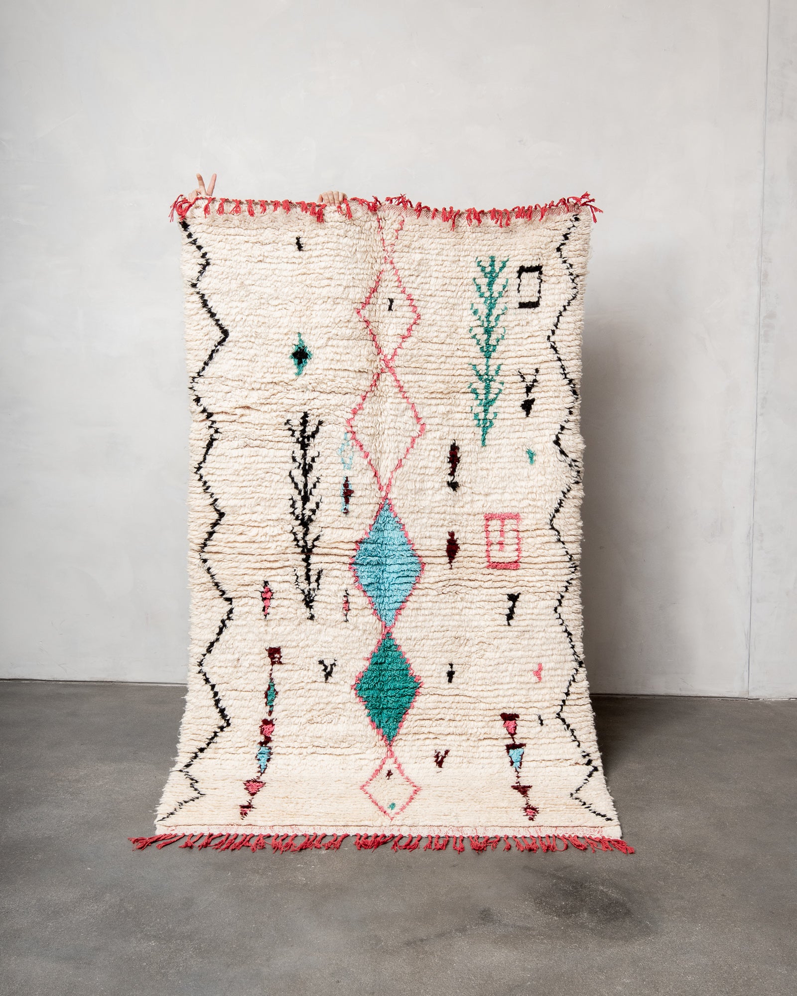 Modern, designer, handcrafted Berber rug from Morocco. Vintage carpet with beautiful colours and patterns and fluffy texture.