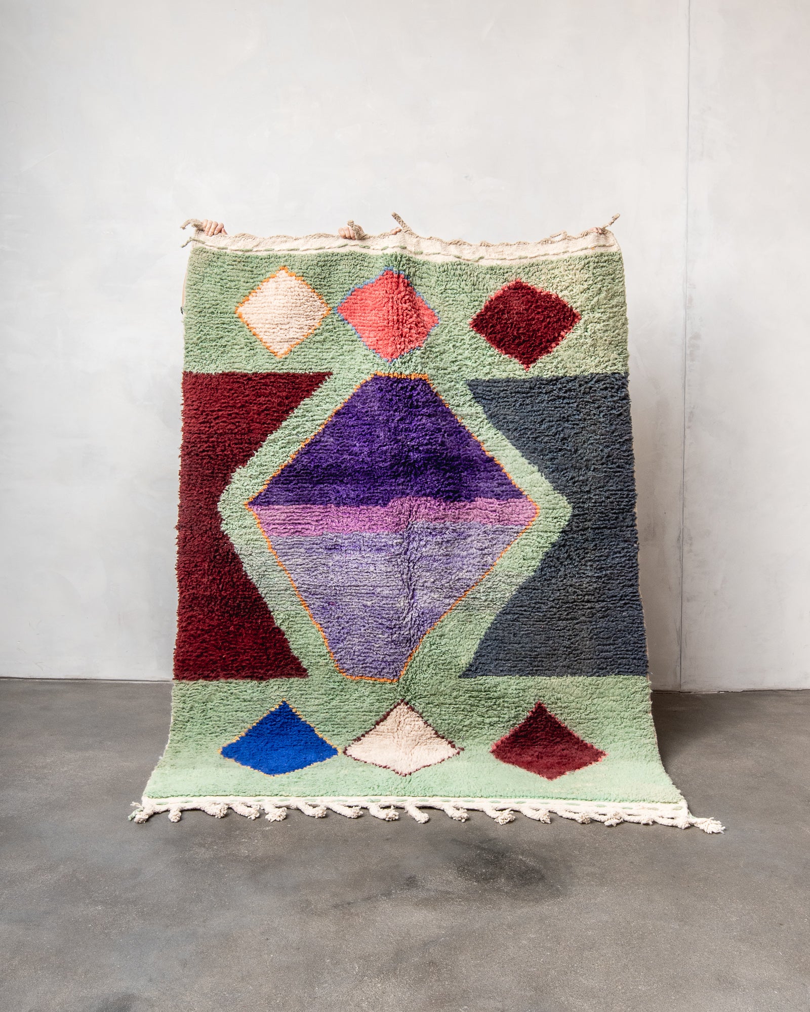 Modern, designer, handcrafted Berber rug from Morocco. Vintage carpet with beautiful colours and patterns and fluffy texture.