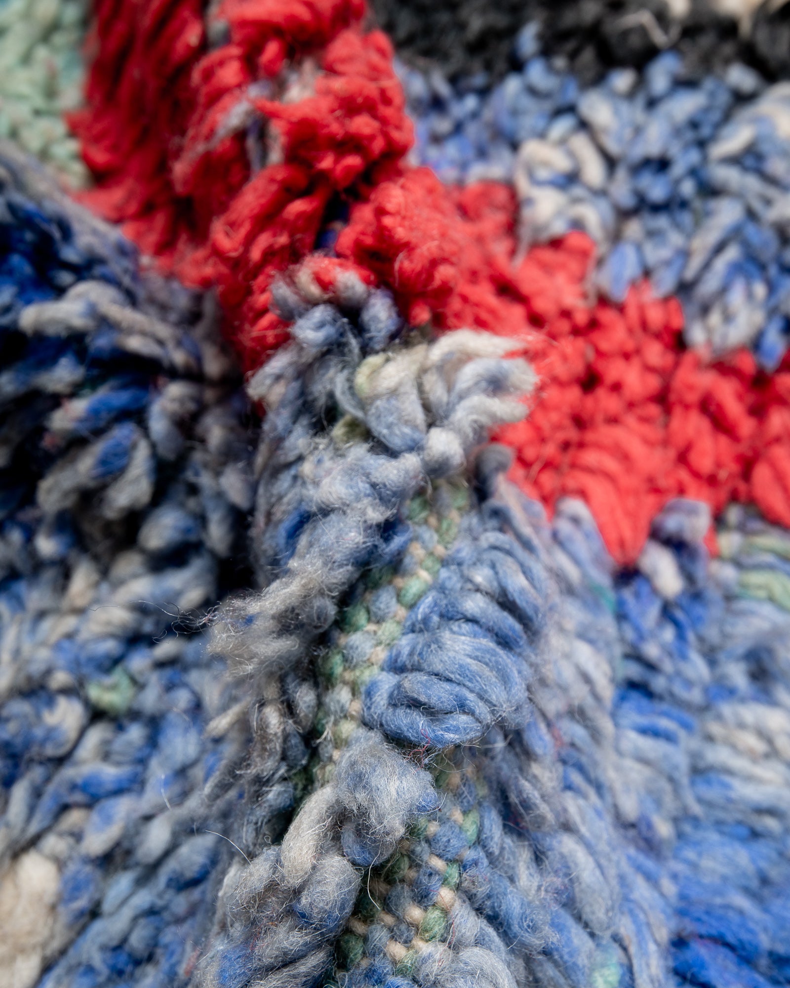 Modern, designer, handcrafted Berber rug from Morocco. Vintage carpet with beautiful colours and patterns and fluffy texture.