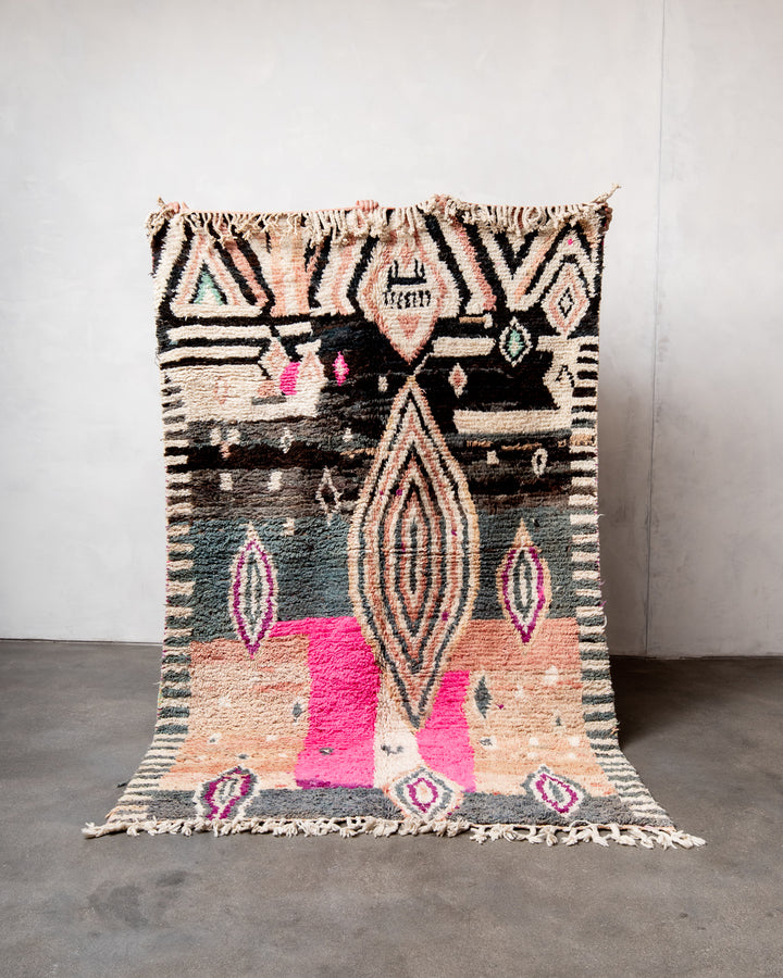 Modern, designer, handcrafted Berber rug from Morocco. Vintage carpet with beautiful colours and patterns and fluffy texture.