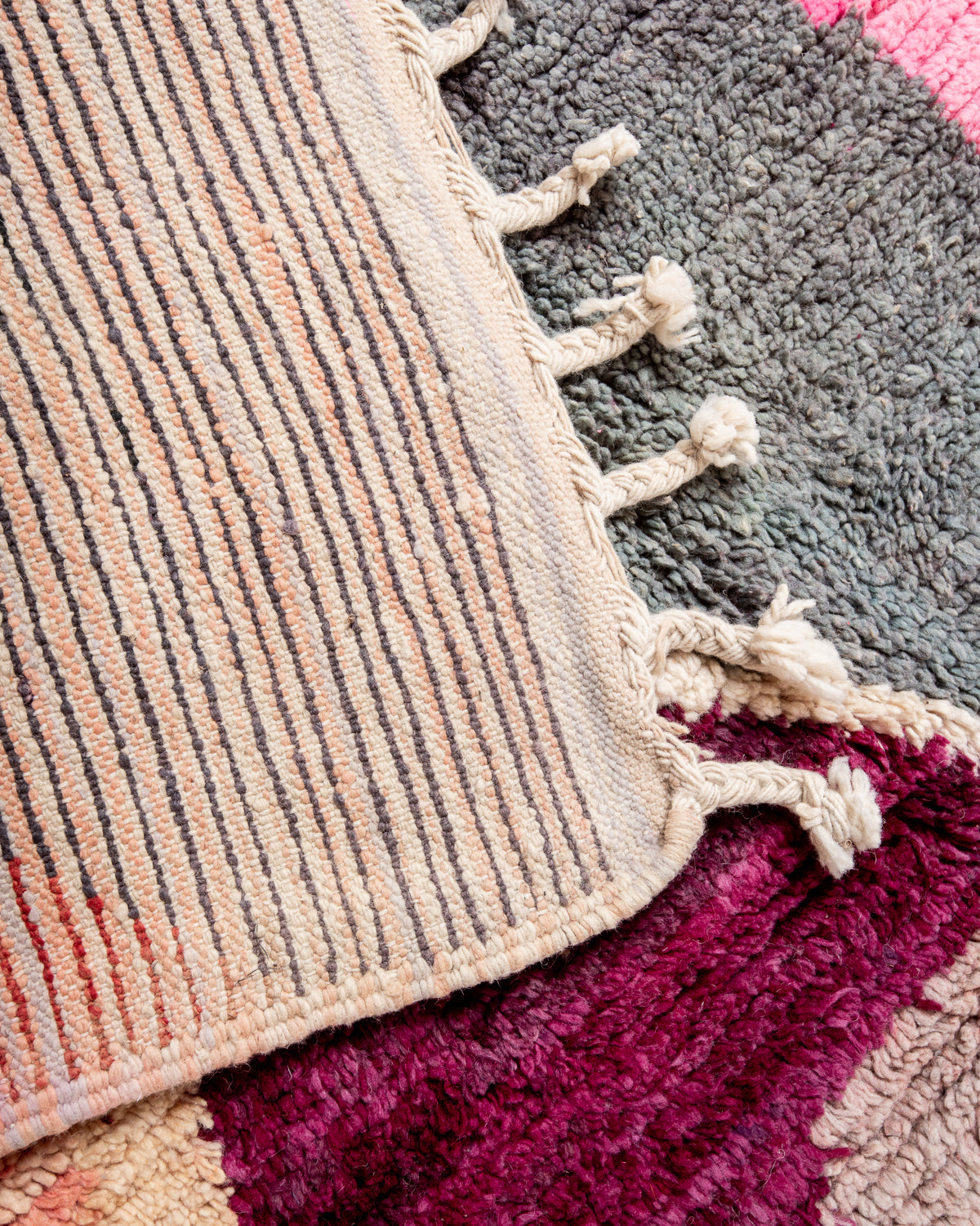Modern, designer, handcrafted Berber rug from Morocco. Vintage carpet with beautiful colours and patterns and fluffy texture.