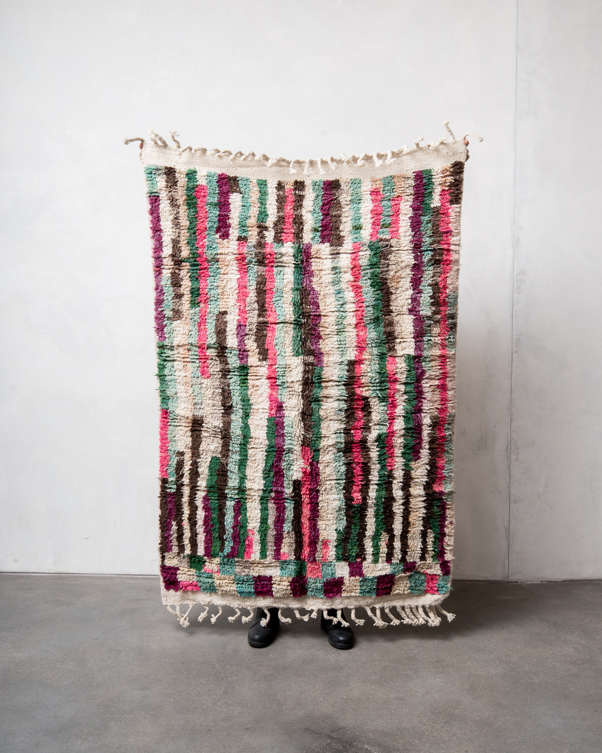 Modern, designer, handcrafted Berber rug from Morocco. Vintage carpet with beautiful colours and patterns and fluffy texture.