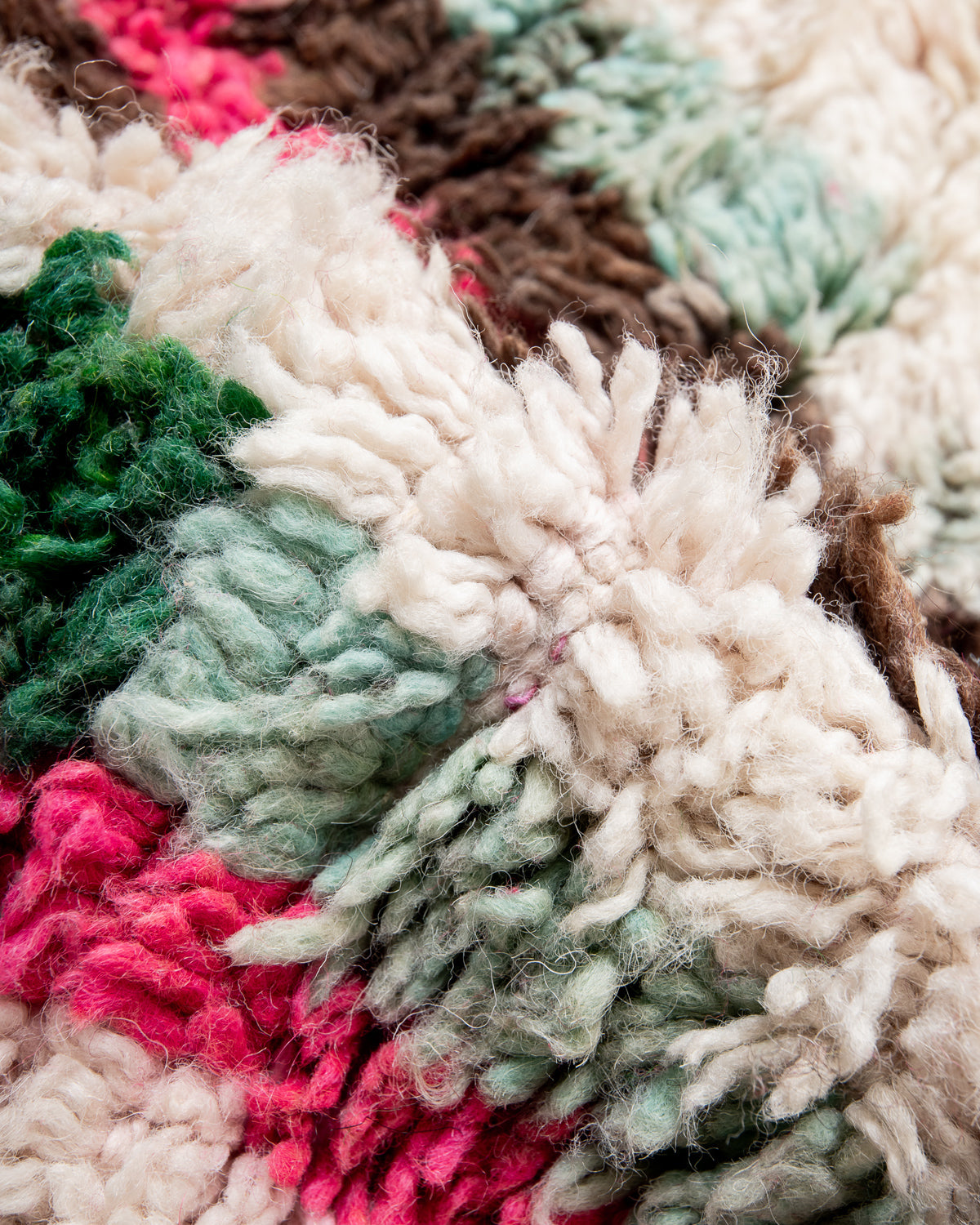 Modern, designer, handcrafted Berber rug from Morocco. Vintage carpet with beautiful colours and patterns and fluffy texture.