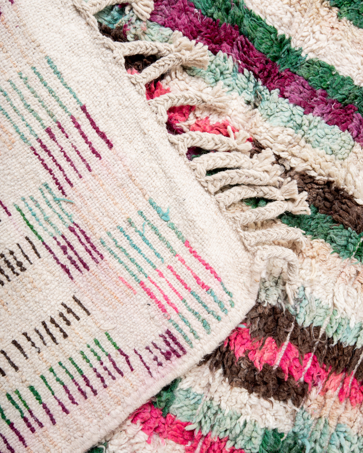 Modern, designer, handcrafted Berber rug from Morocco. Vintage carpet with beautiful colours and patterns and fluffy texture.