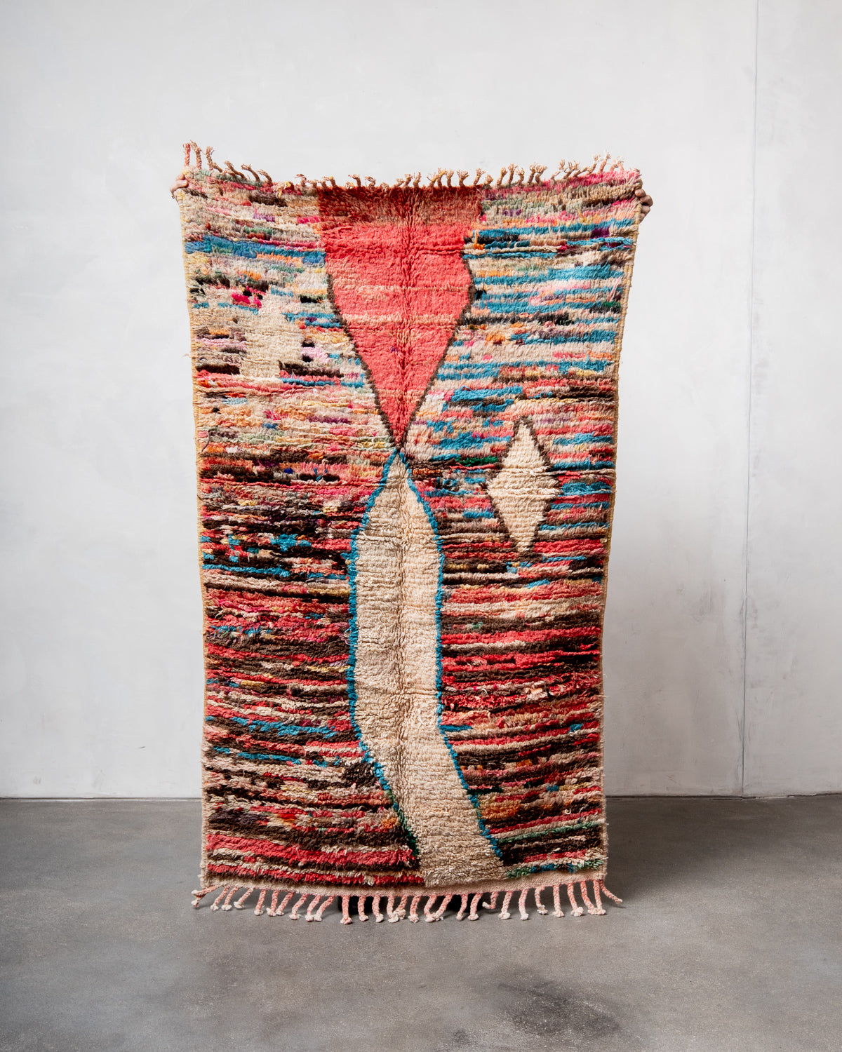 Modern, designer, handcrafted Berber rug from Morocco. Vintage carpet with beautiful colours and patterns and fluffy texture.