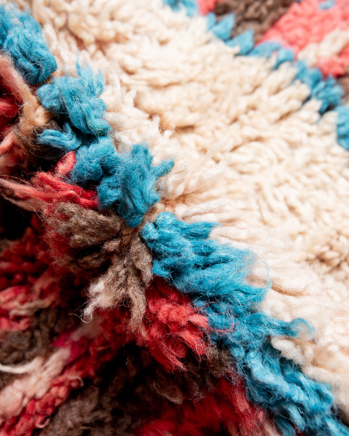 Modern, designer, handcrafted Berber rug from Morocco. Vintage carpet with beautiful colours and patterns and fluffy texture.