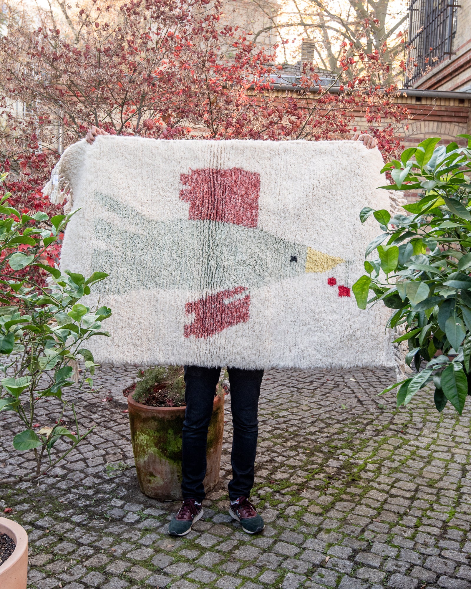 Modern, designer, handcrafted Berber rug from Morocco. Beniourain carpet with beautiful colours and patterns and fluffy wool texture. 