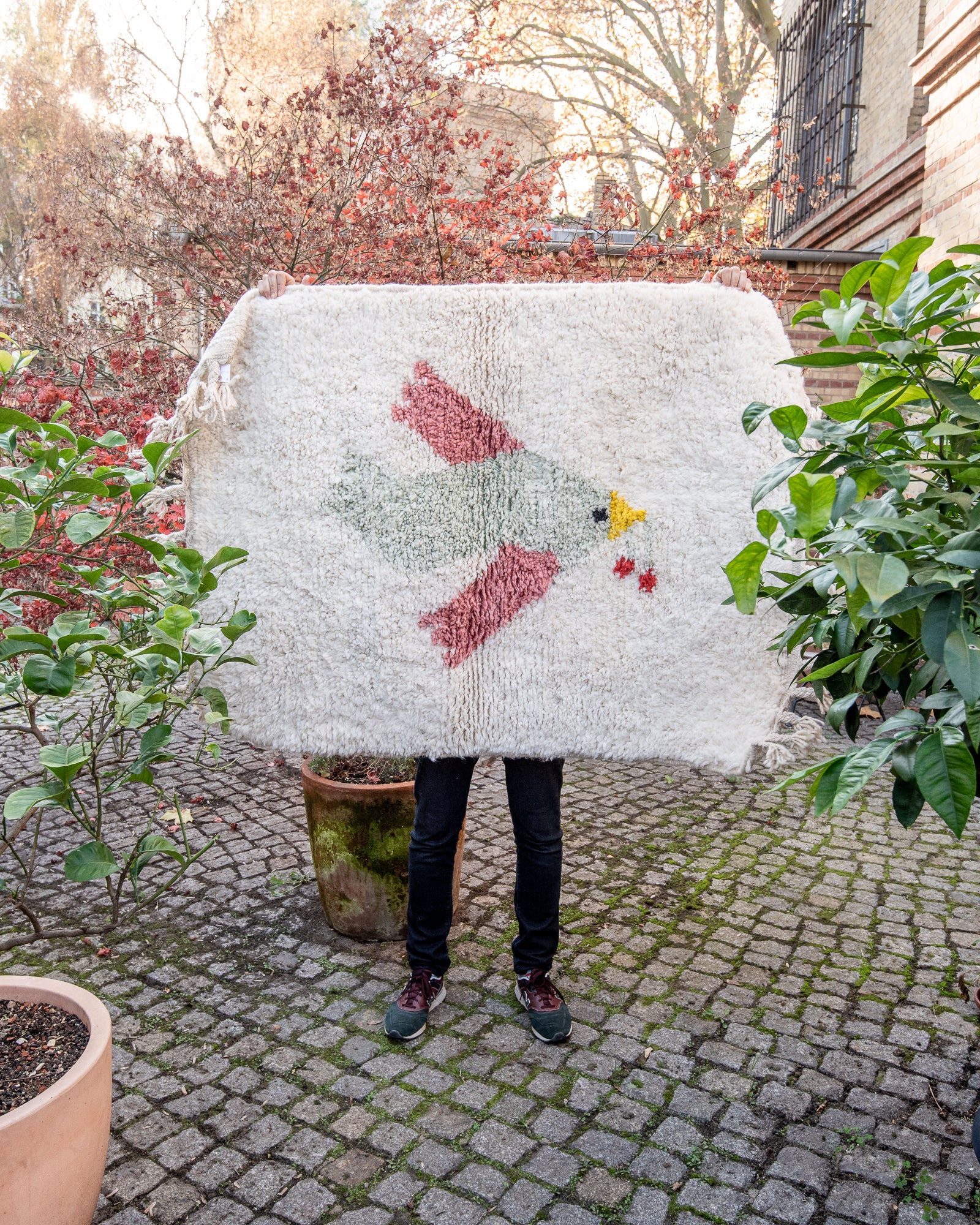 Modern, designer, handcrafted Berber rug from Morocco. Beniourain carpet with beautiful colours and patterns and fluffy wool texture. 