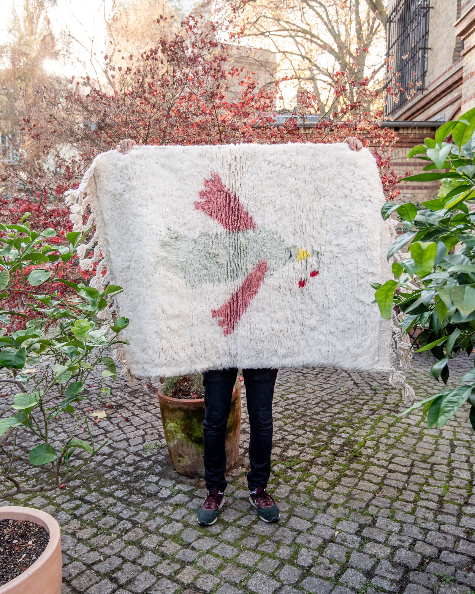 Modern, designer, handcrafted Berber rug from Morocco. Beniourain carpet with beautiful colours and patterns and fluffy wool texture. 