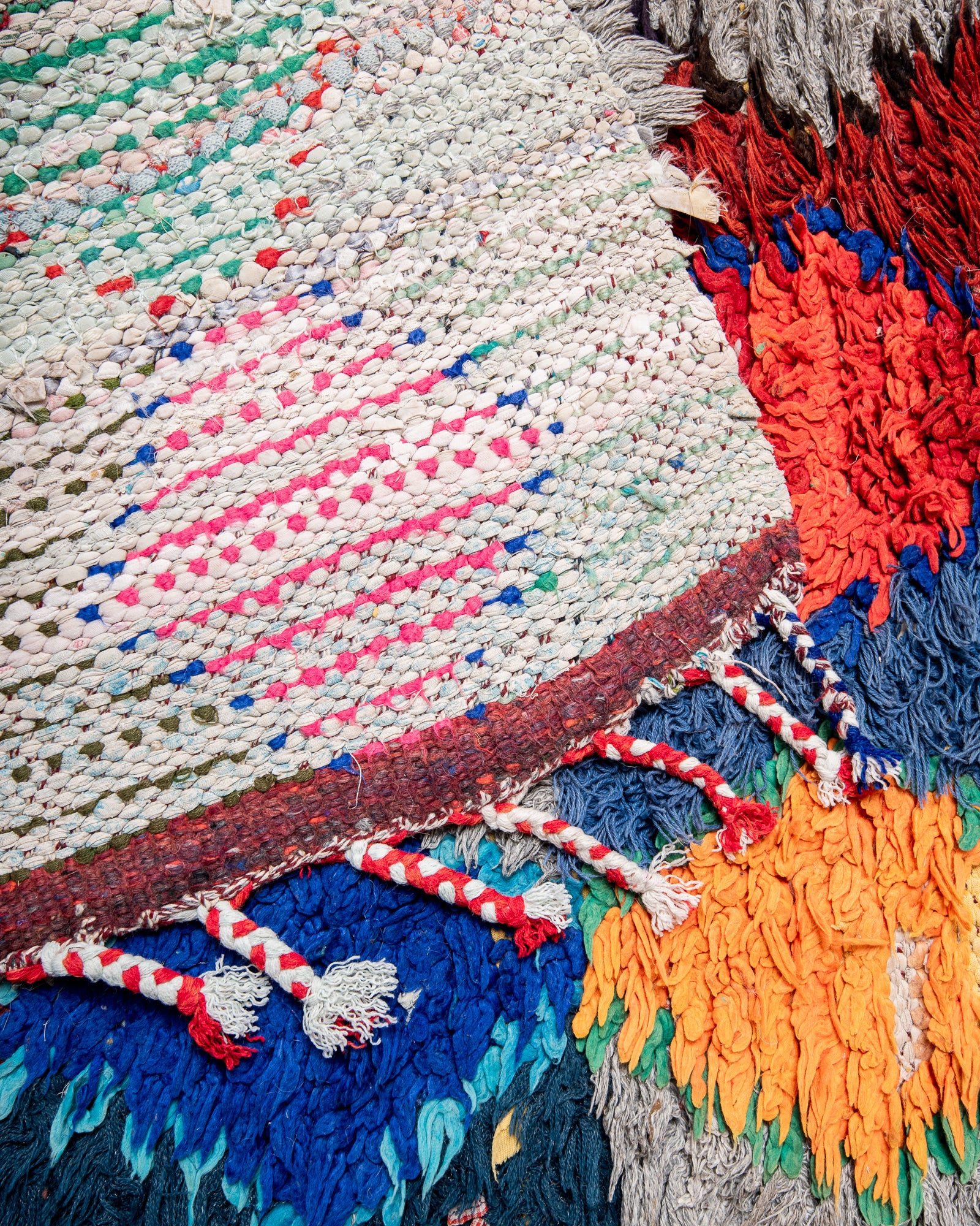 Modern designer vintage handcrafted cotton Berber rug from Morocco. Boucherouite with beautiful colors and patterns.