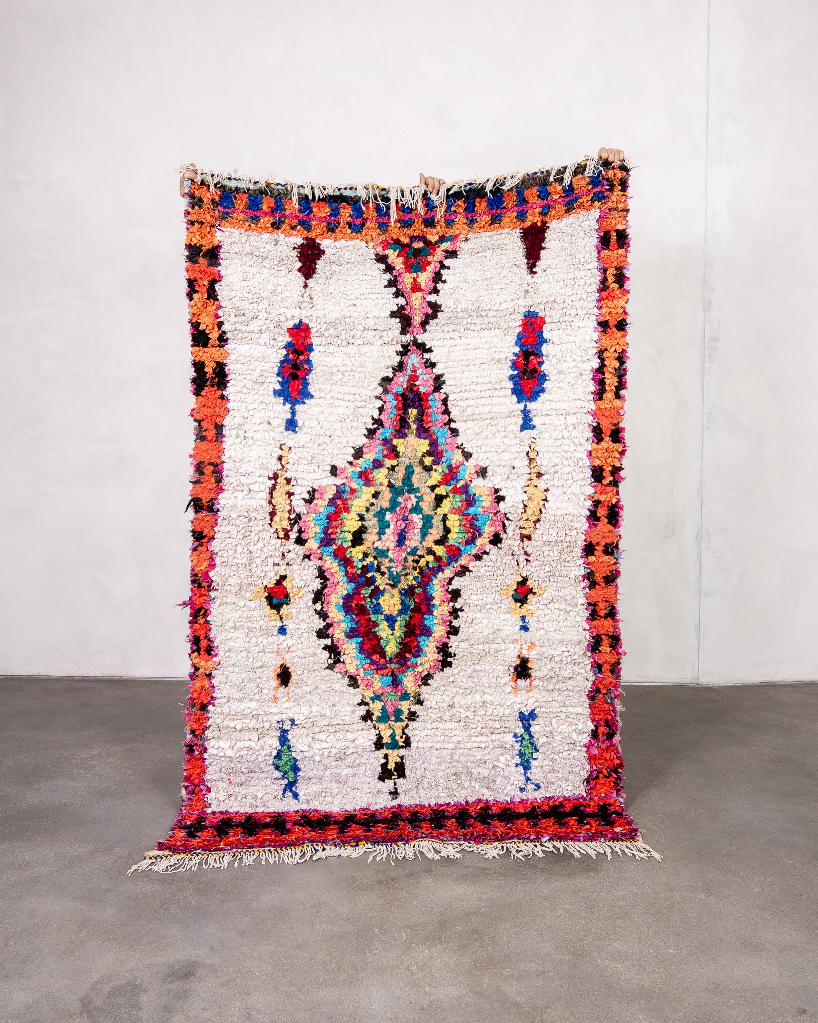 Modern designer handcrafted Berber rug from morocco Boucherouite with beautiful colors and patterns