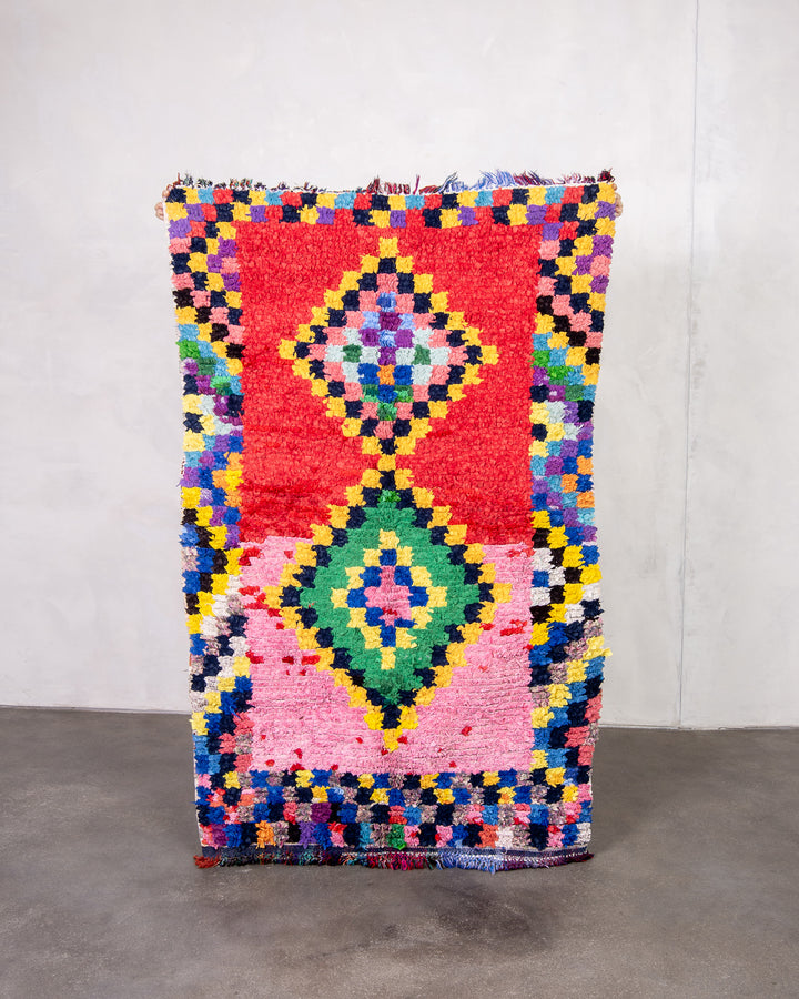 Modern designer handcrafted Berber rug from morocco Boucherouite with beautiful colors and patterns