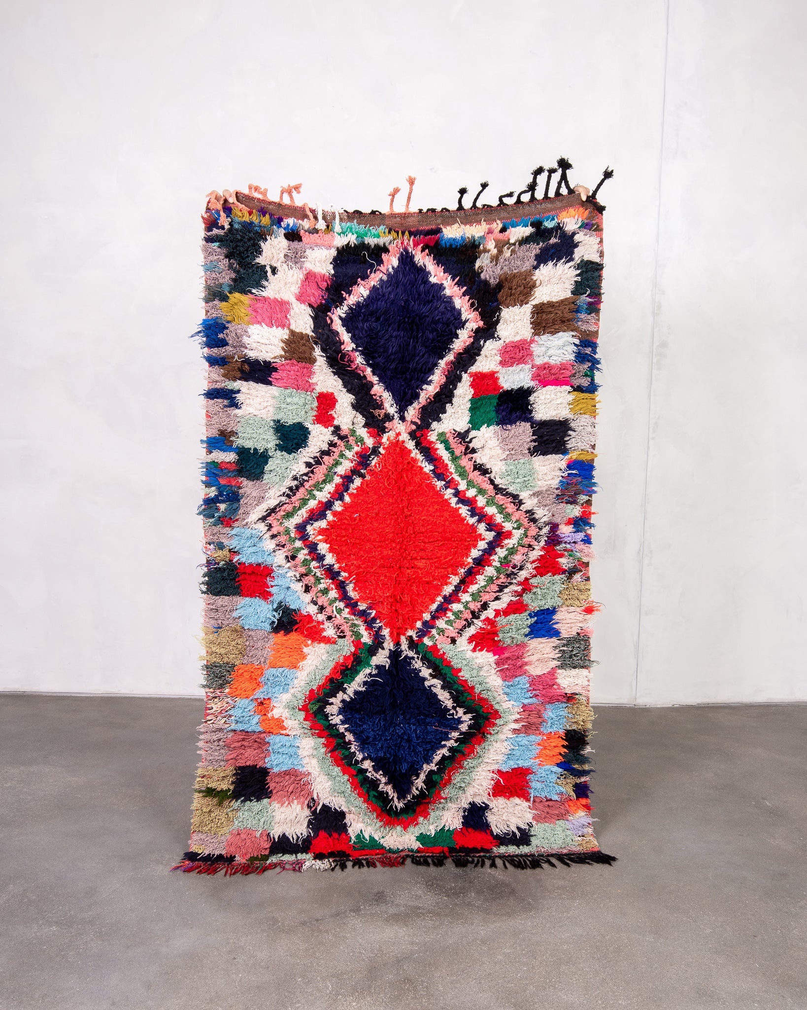 Modern designer handcrafted Berber rug from morocco Boucherouite with beautiful colors and patterns
