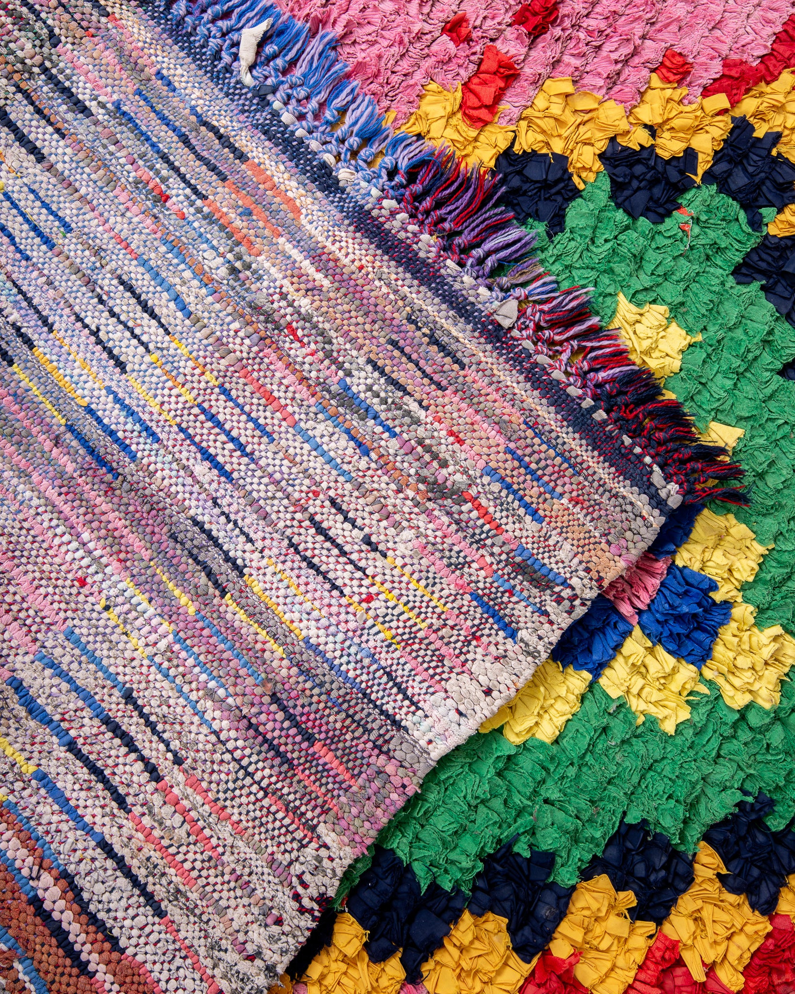 Modern designer handcrafted Berber rug from morocco Boucherouite with beautiful colors and patterns