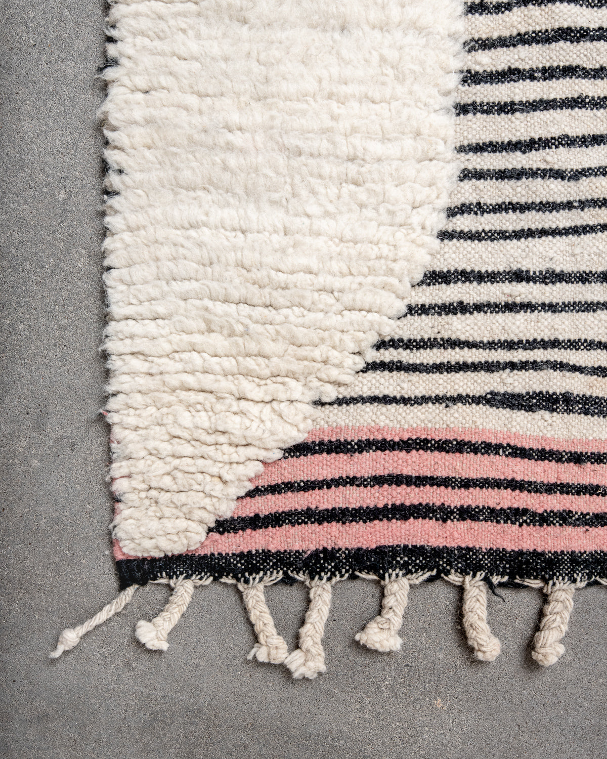 Modern, designer, handcrafted Berber runner rug from Morocco. Beniourain carpet with beautiful colours and patterns and fluffy wool texture.