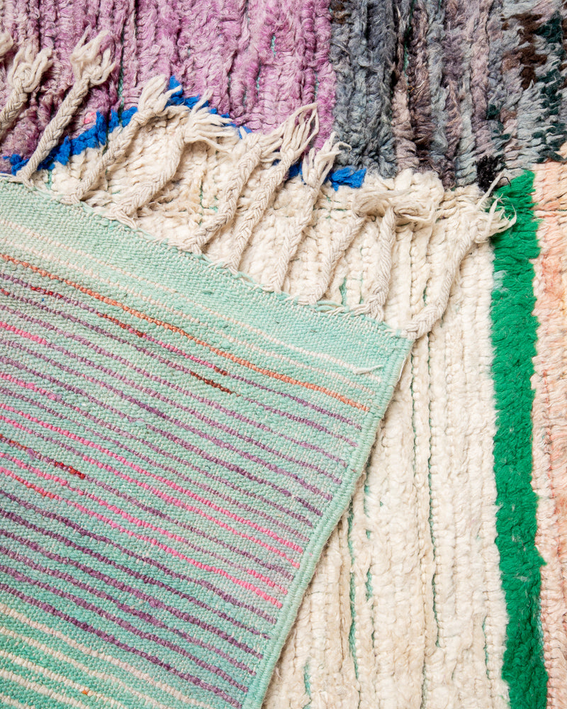 Modern, designer, handcrafted Berber rug from Morocco. Vintage carpet with beautiful colours and patterns and fluffy texture.