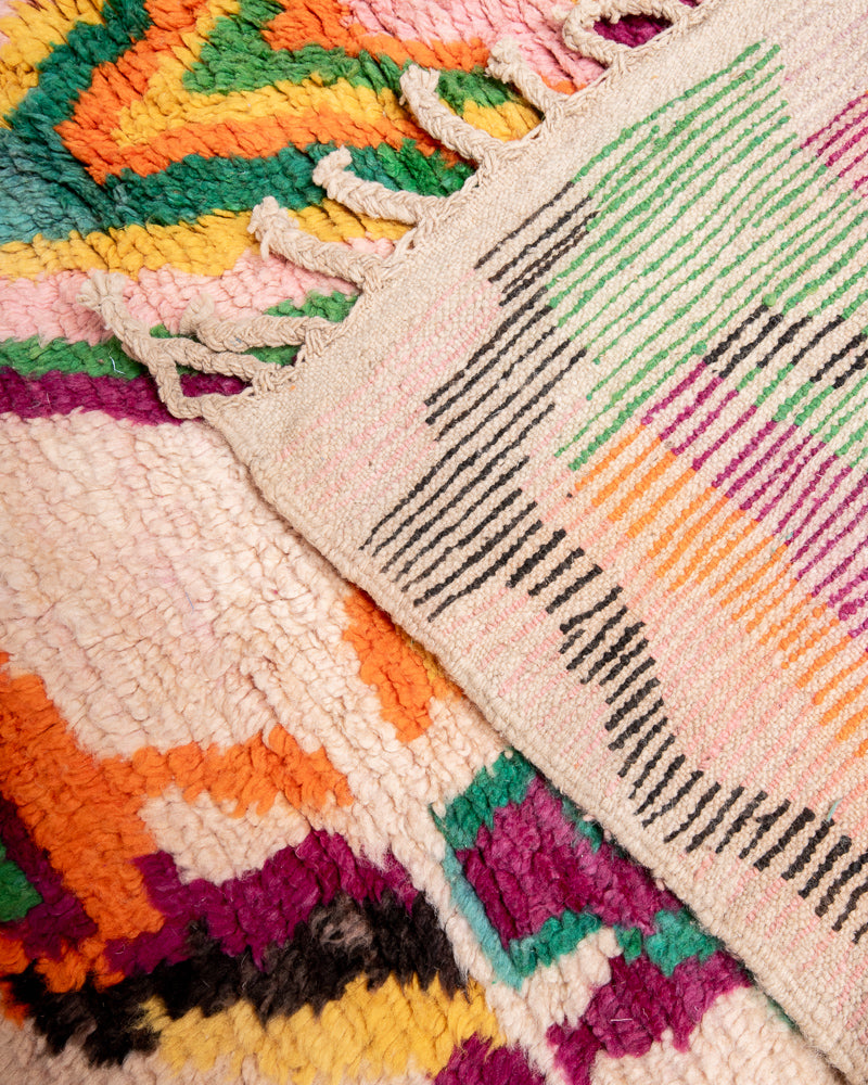 Modern, designer, handcrafted Berber rug from Morocco. Vintage carpet with beautiful colours and patterns and fluffy texture.