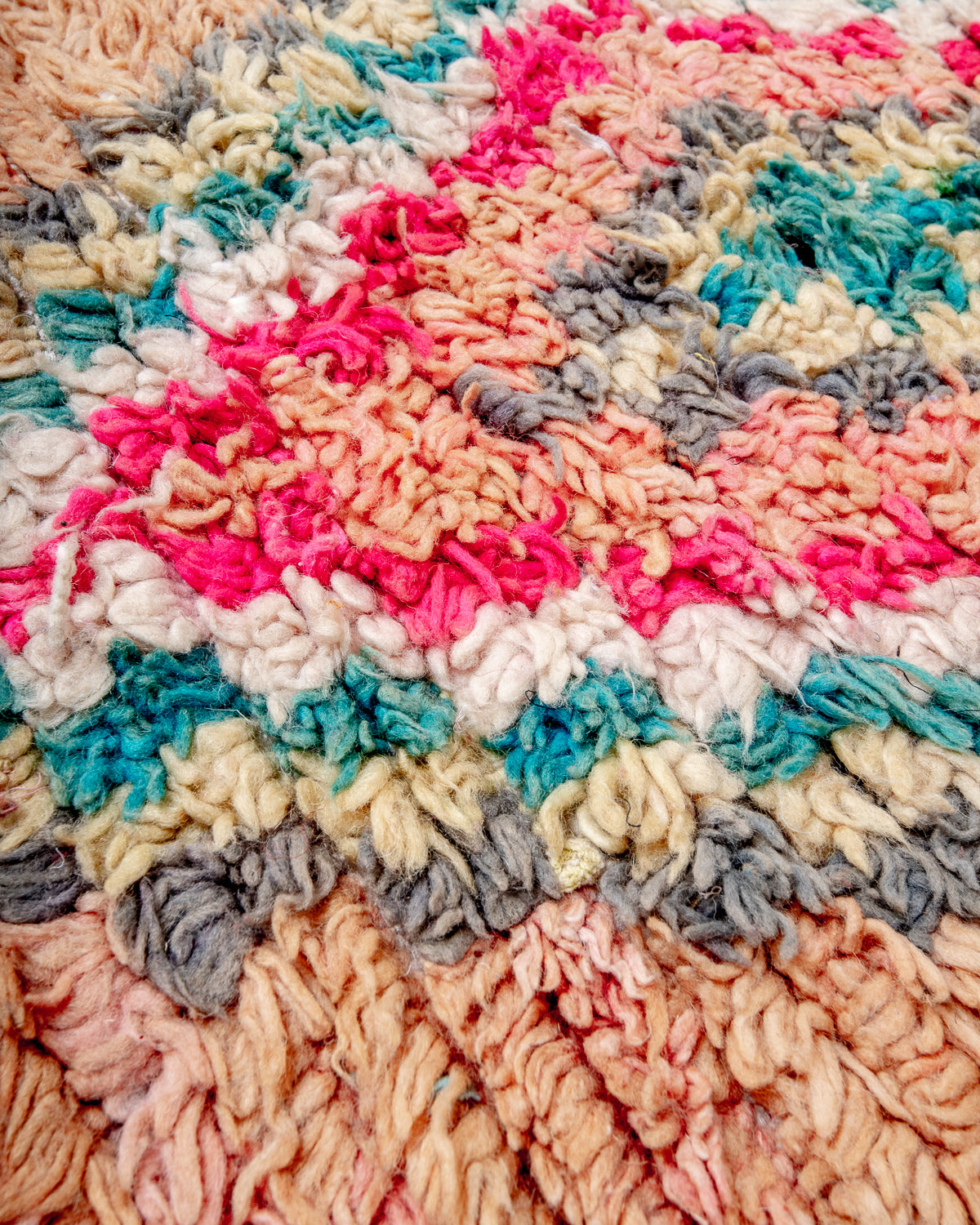 Modern, designer, handcrafted Berber rug from Morocco. Vintage carpet with beautiful colours and patterns and fluffy texture.