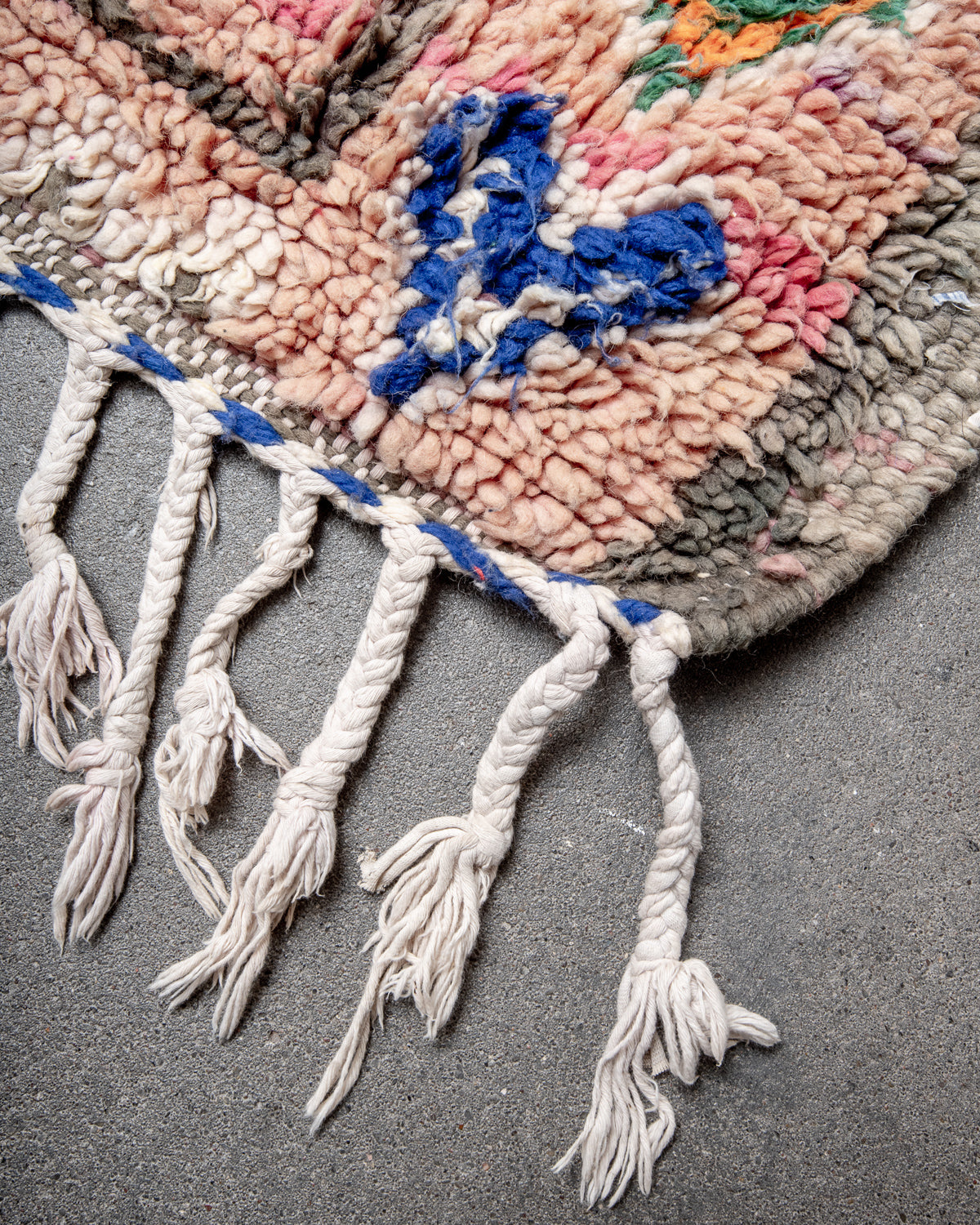 Modern, designer, handcrafted Berber rug from Morocco. Vintage carpet with beautiful colours and patterns and fluffy texture.