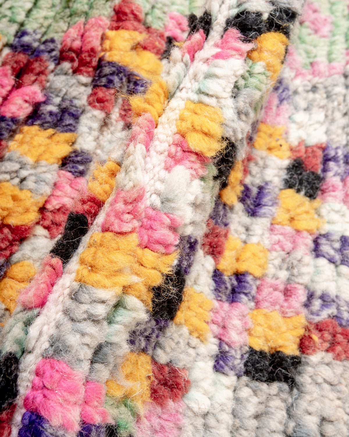 Modern, designer, handcrafted Berber rug from Morocco. Vintage carpet with beautiful colours and patterns and fluffy texture.