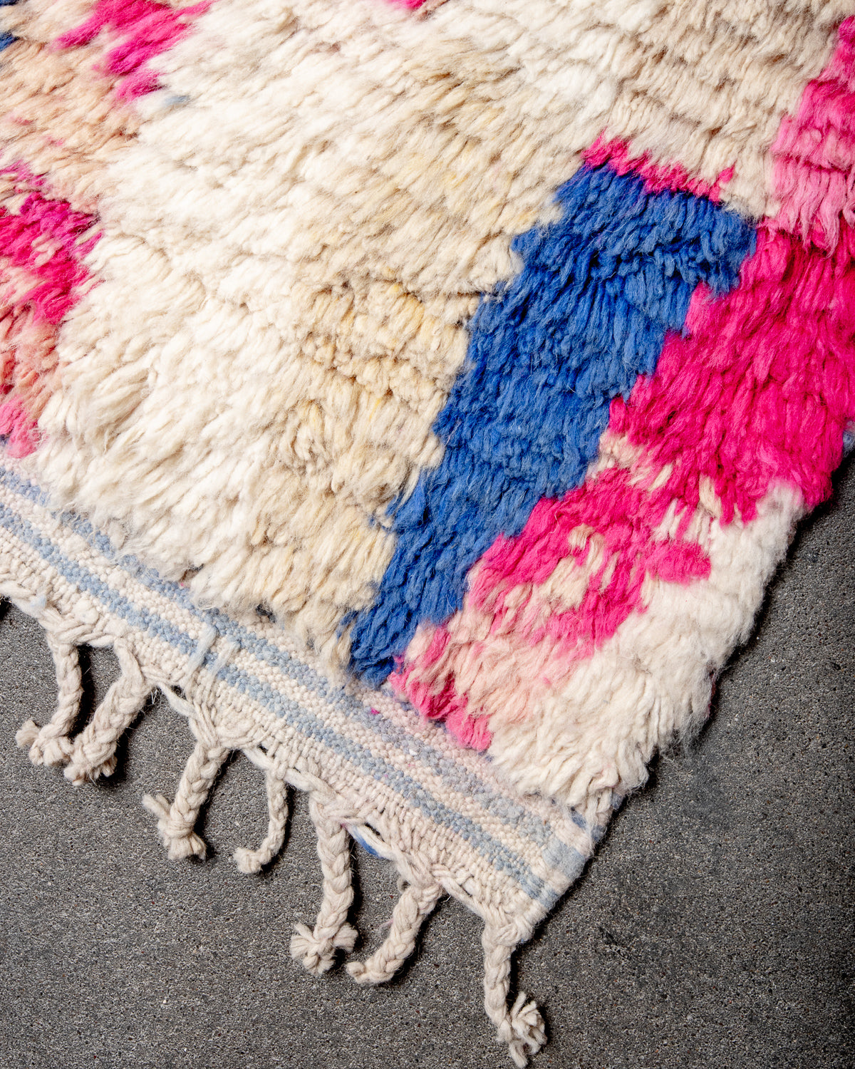 Modern, designer, handcrafted Berber rug from Morocco. Vintage carpet with beautiful colours and patterns and fluffy texture.