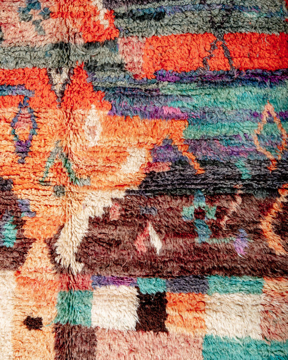 Modern, designer, handcrafted Berber rug from Morocco. Vintage carpet with beautiful colours and patterns and fluffy texture.