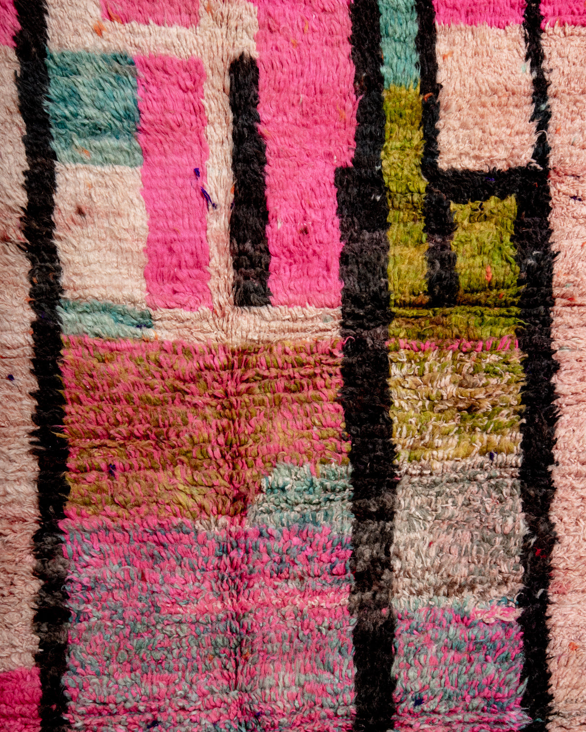 Modern, designer, handcrafted Berber rug from Morocco. Vintage carpet with beautiful colours and patterns and fluffy texture.