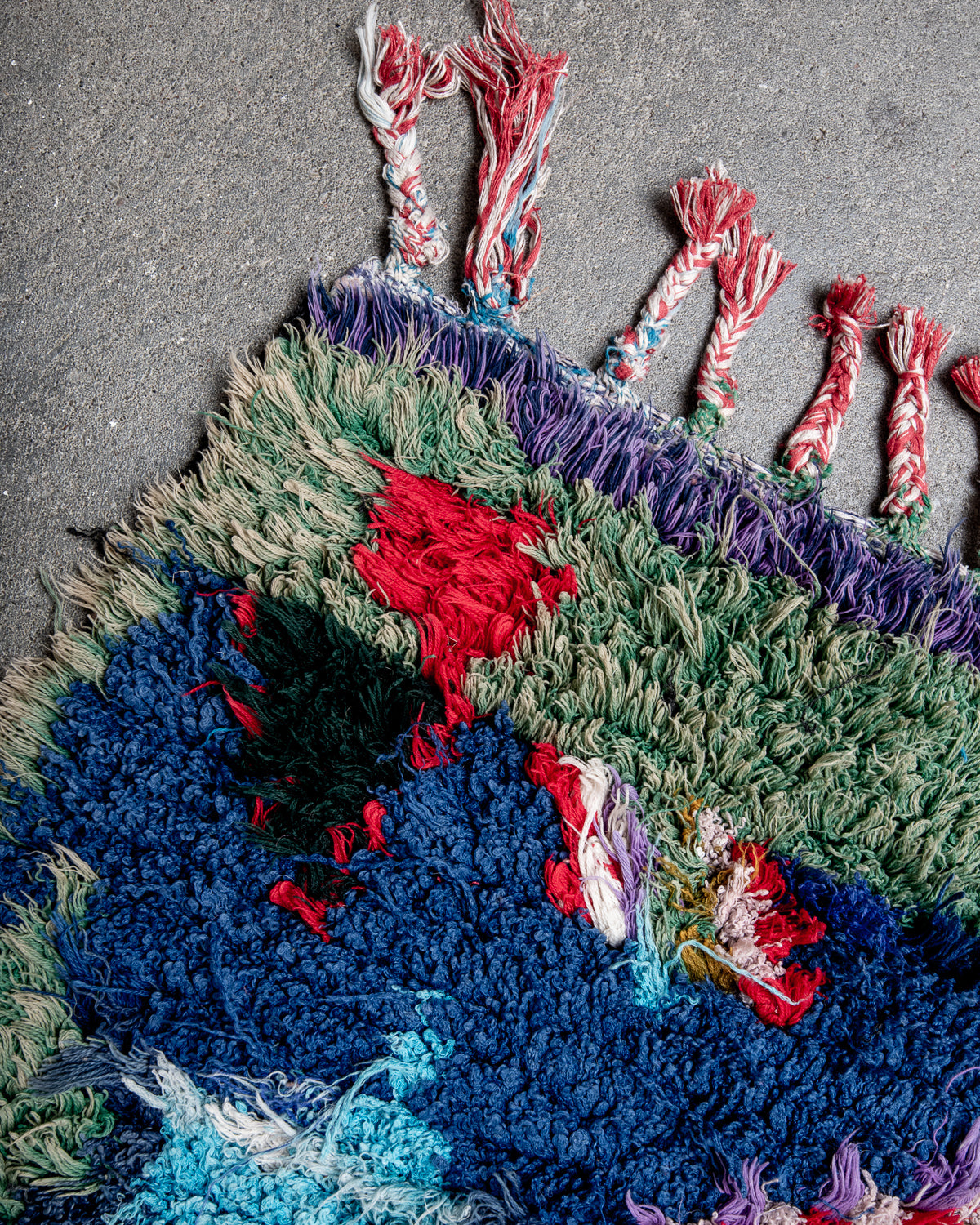 Modern designer vintage handcrafted cotton Berber rug from Morocco. Boucherouite with beautiful colors and patterns.