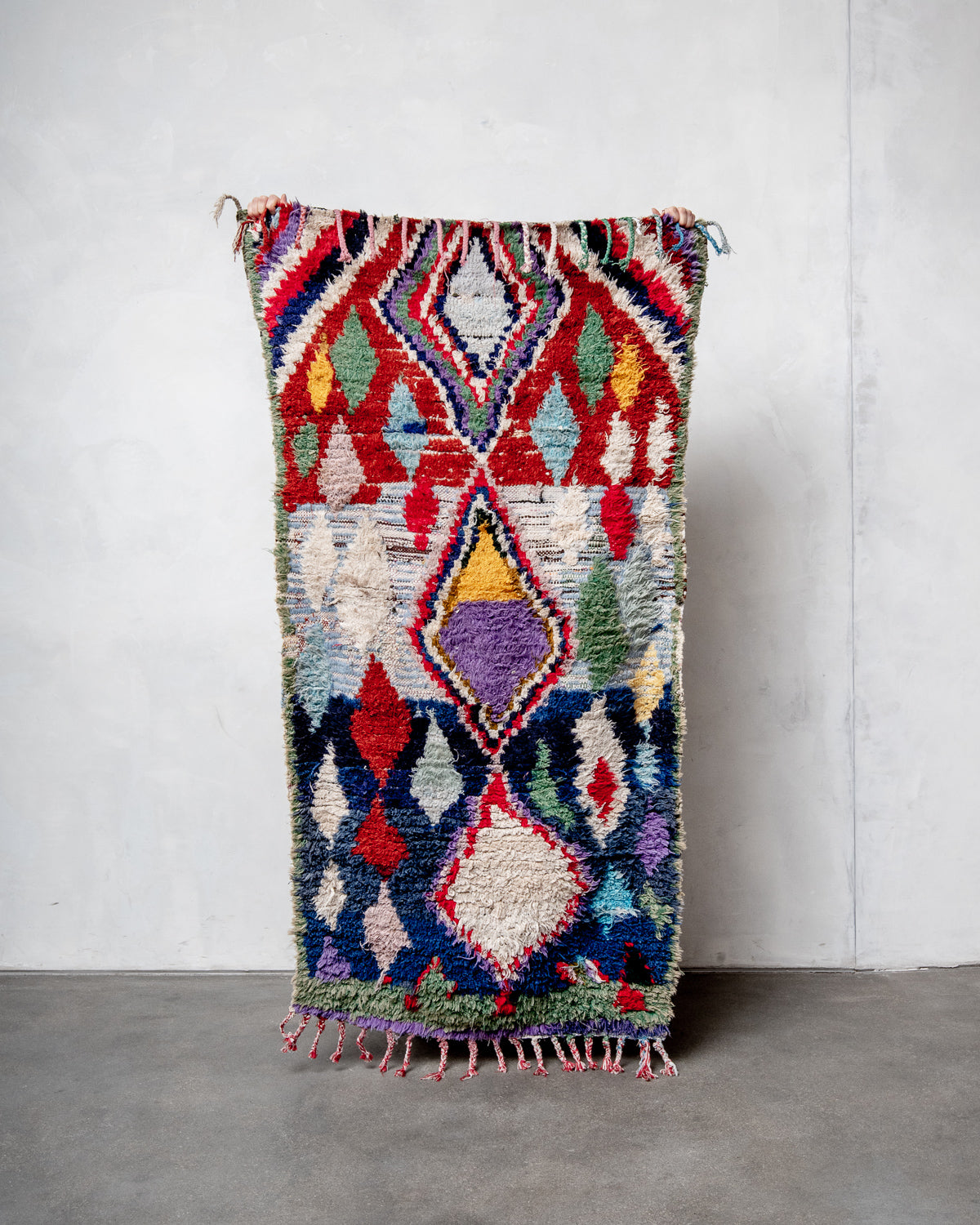 Modern designer vintage handcrafted cotton Berber rug from Morocco. Boucherouite with beautiful colors and patterns.