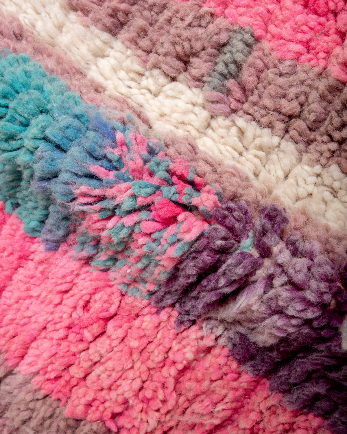 Modern, designer, handcrafted Berber rug from Morocco. Vintage carpet with beautiful colours and patterns and fluffy texture.