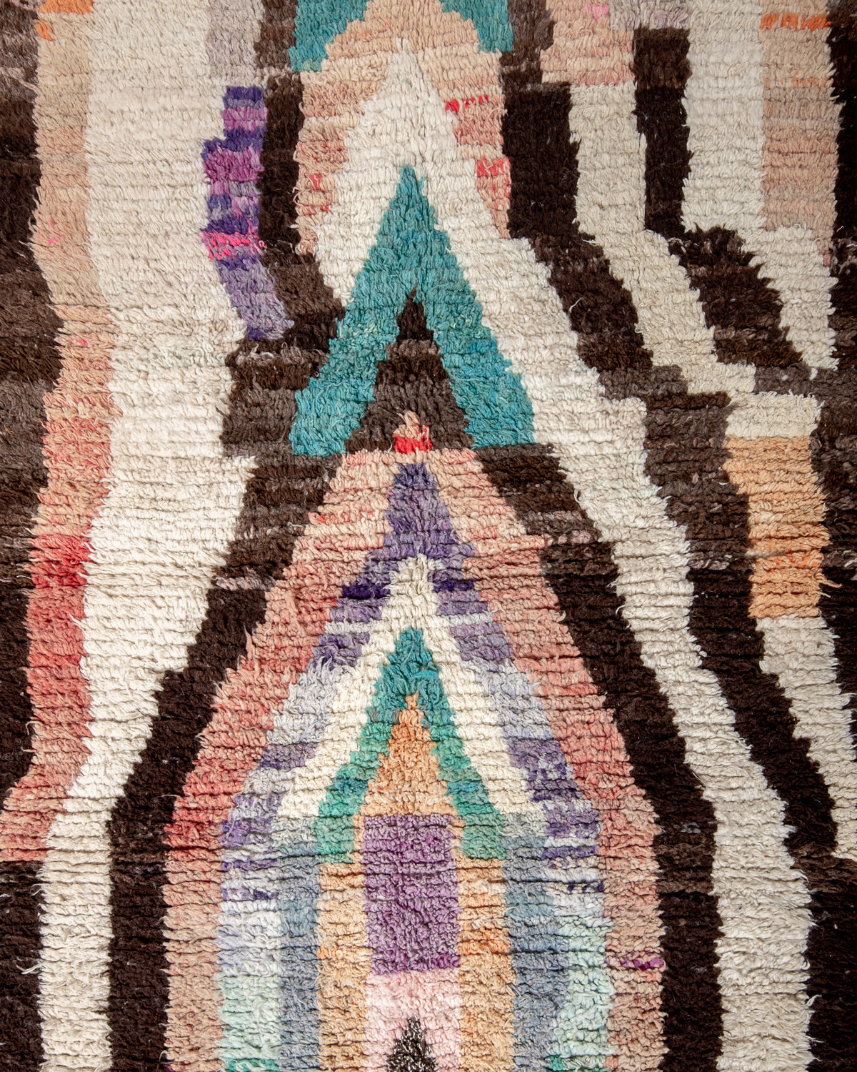 Modern, designer, handcrafted Berber rug from Morocco. Vintage carpet with beautiful colours and patterns and fluffy texture.