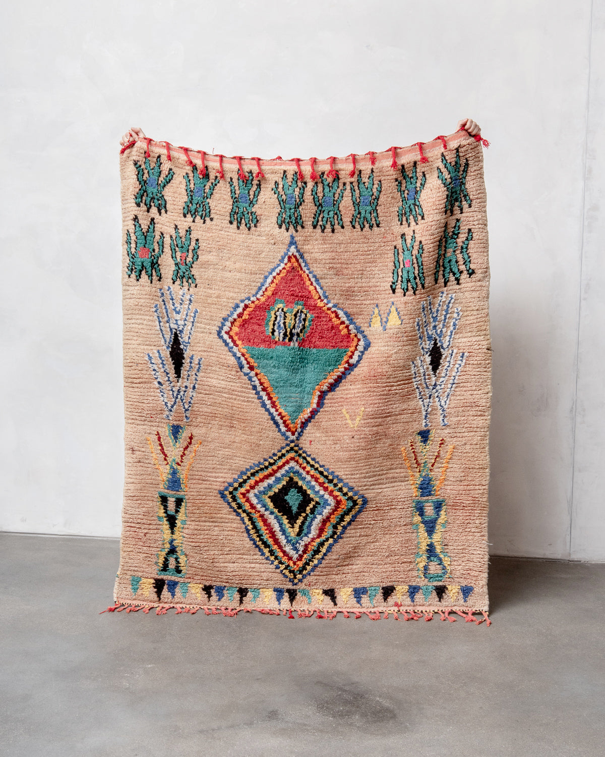 Modern, designer, handcrafted Berber rug from Morocco. Vintage carpet with beautiful colours and patterns and fluffy texture.