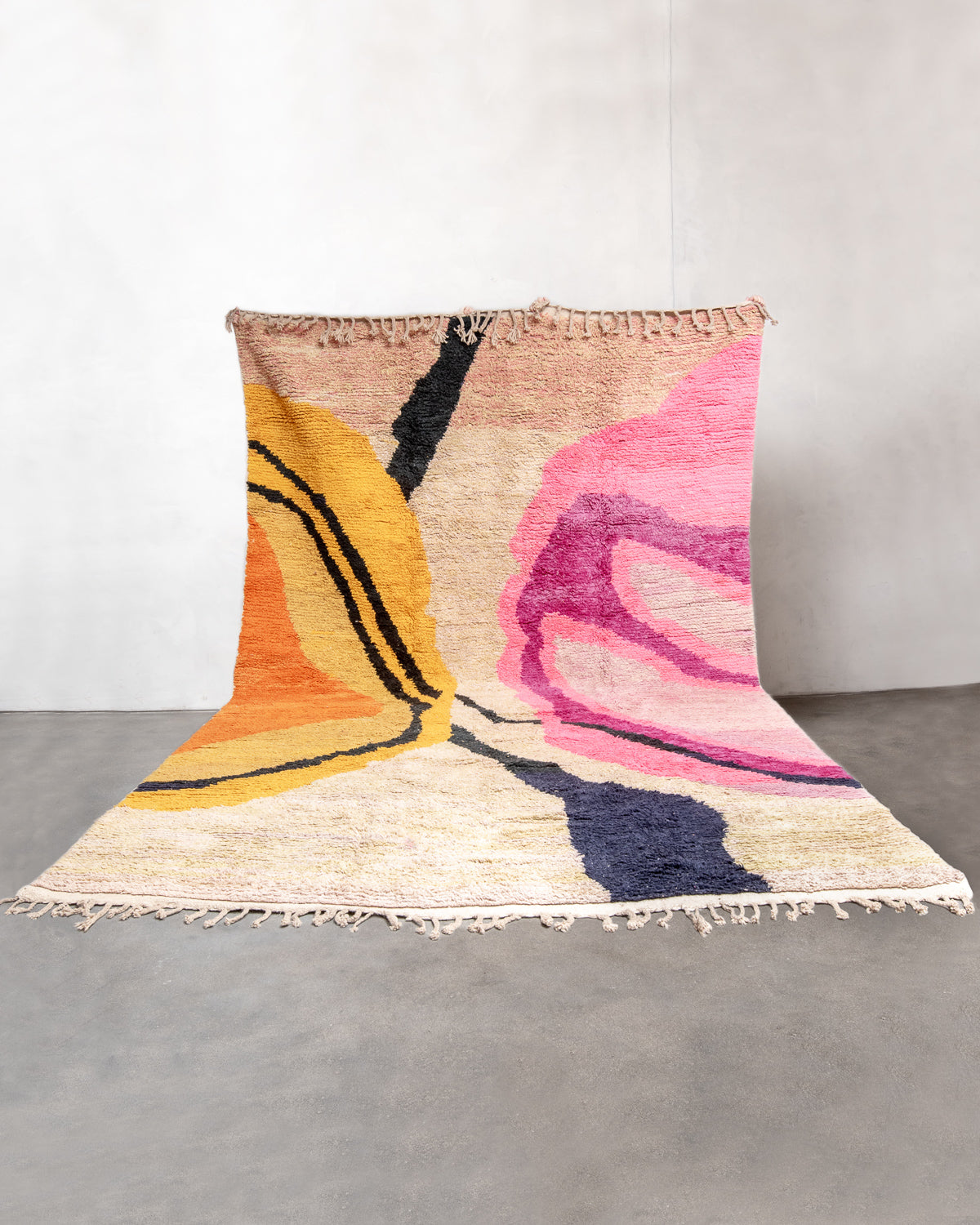 Modern, designer, handcrafted Berber rug from Morocco. Vintage carpet with beautiful colours and patterns and fluffy texture.