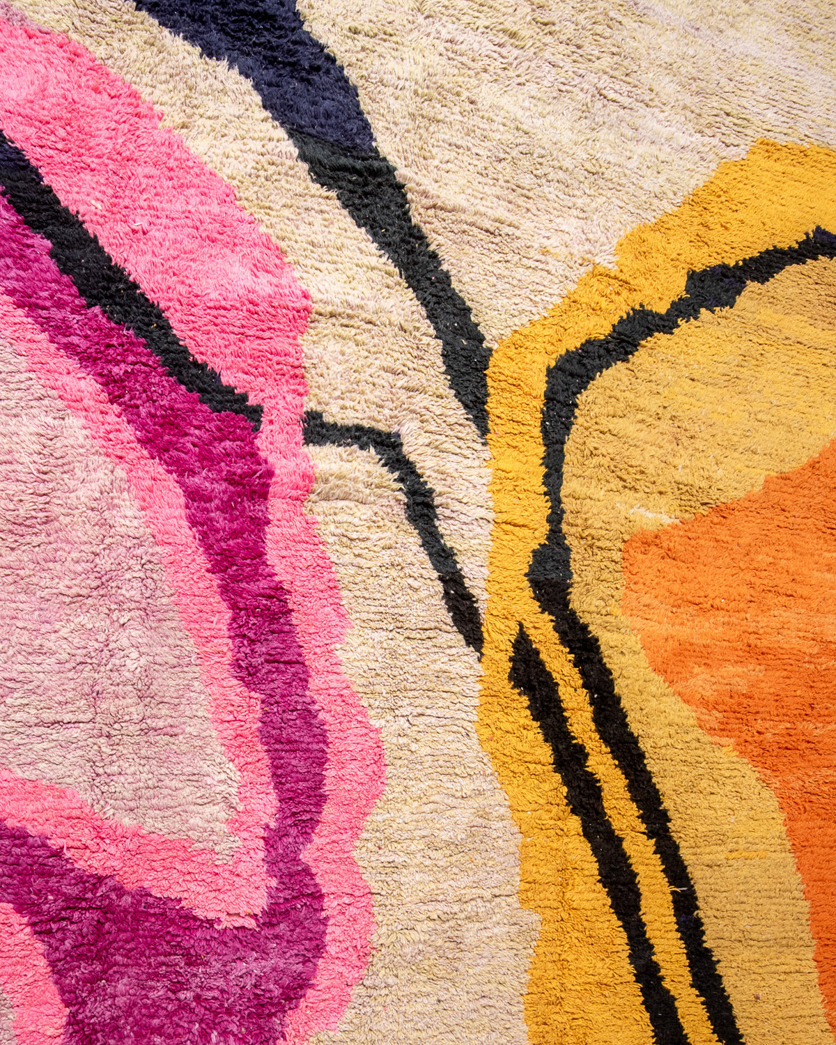 Modern, designer, handcrafted Berber rug from Morocco. Vintage carpet with beautiful colours and patterns and fluffy texture.