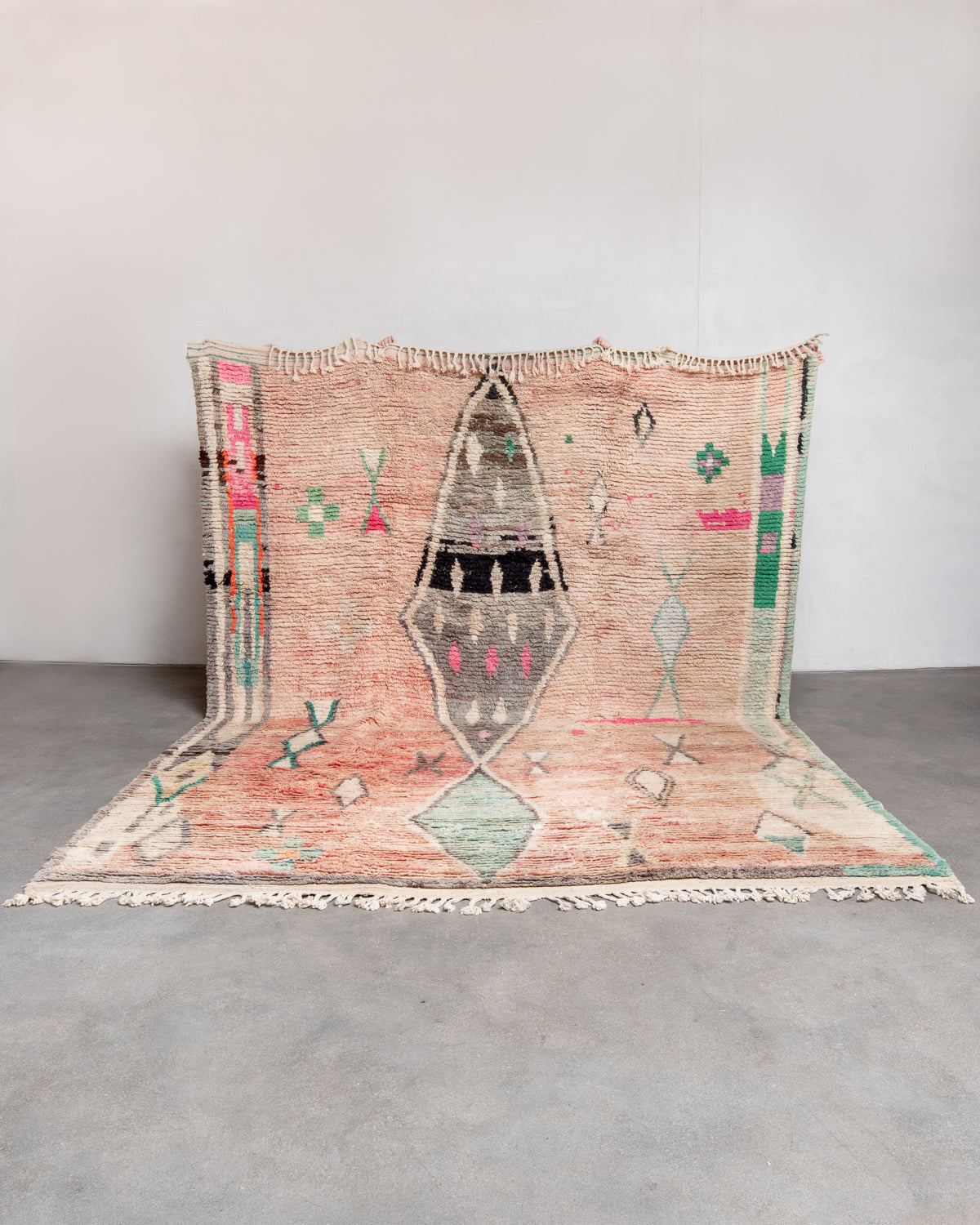 Modern, designer, handcrafted Berber rug from Morocco. Vintage carpet with beautiful colours and patterns and fluffy texture.