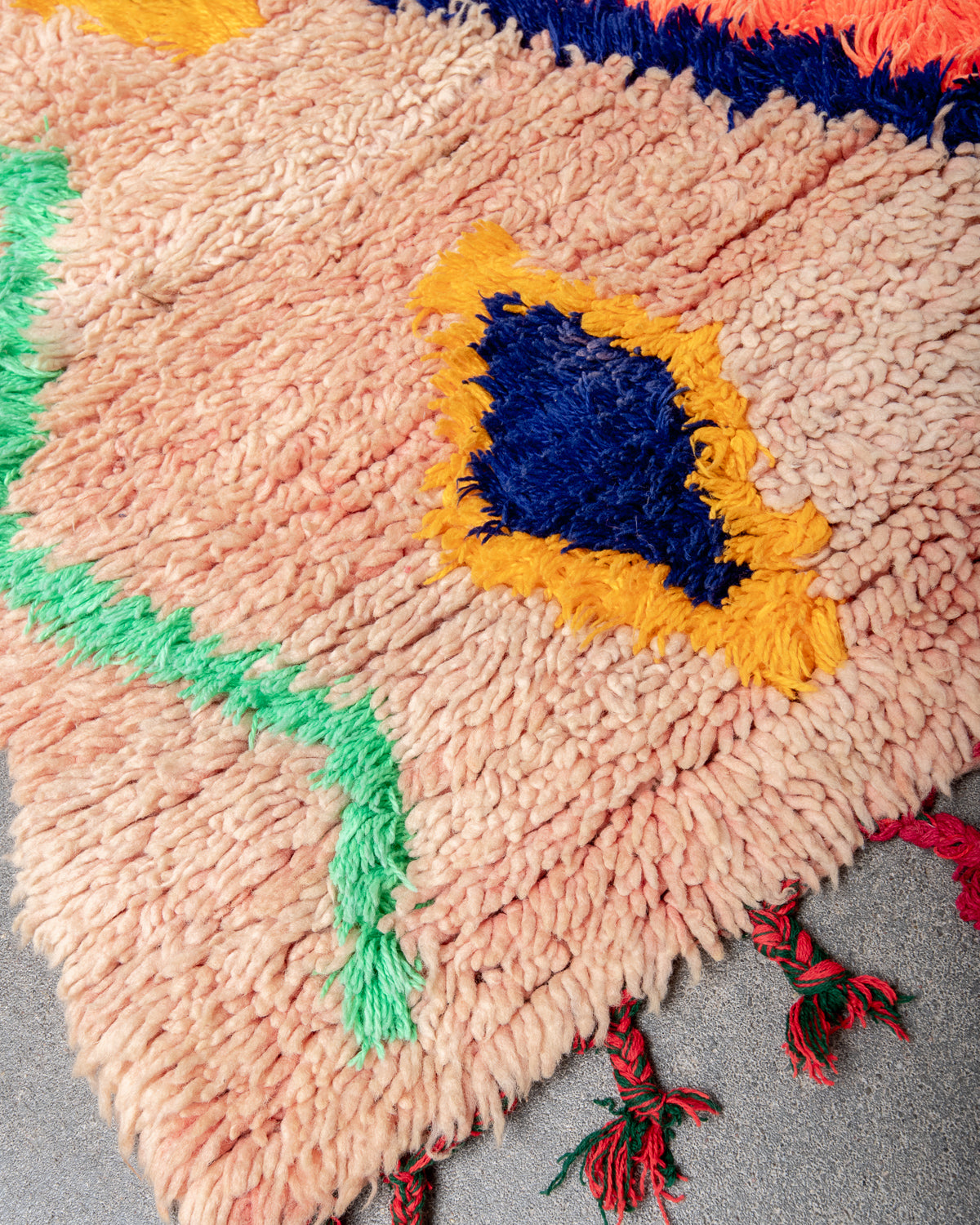 Modern designer vintage handcrafted Berber rug from Morocco. Boucherouite with beautiful colors and patterns.