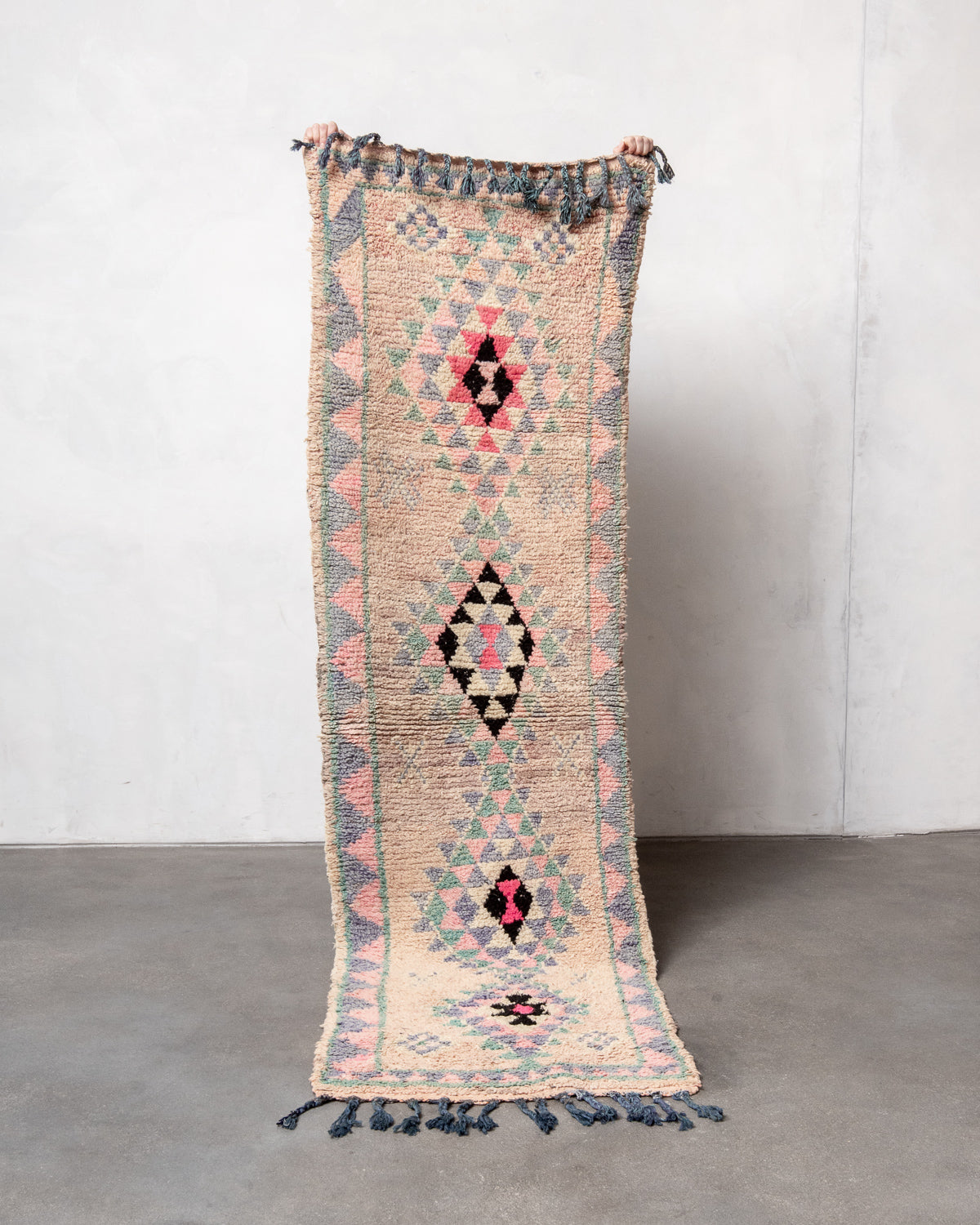 Modern, designer, handcrafted Berber runner rug from Morocco. Vintage carpet with beautiful colours and patterns and fluffy texture.