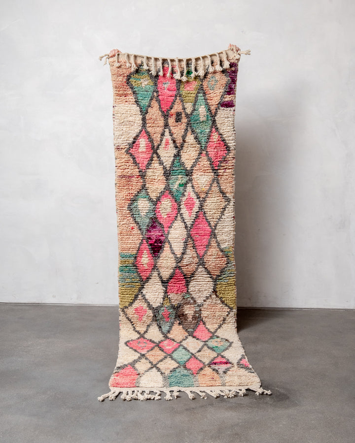 Modern, designer, handcrafted Berber runner rug from Morocco. Vintage carpet with beautiful colours and patterns and fluffy texture.