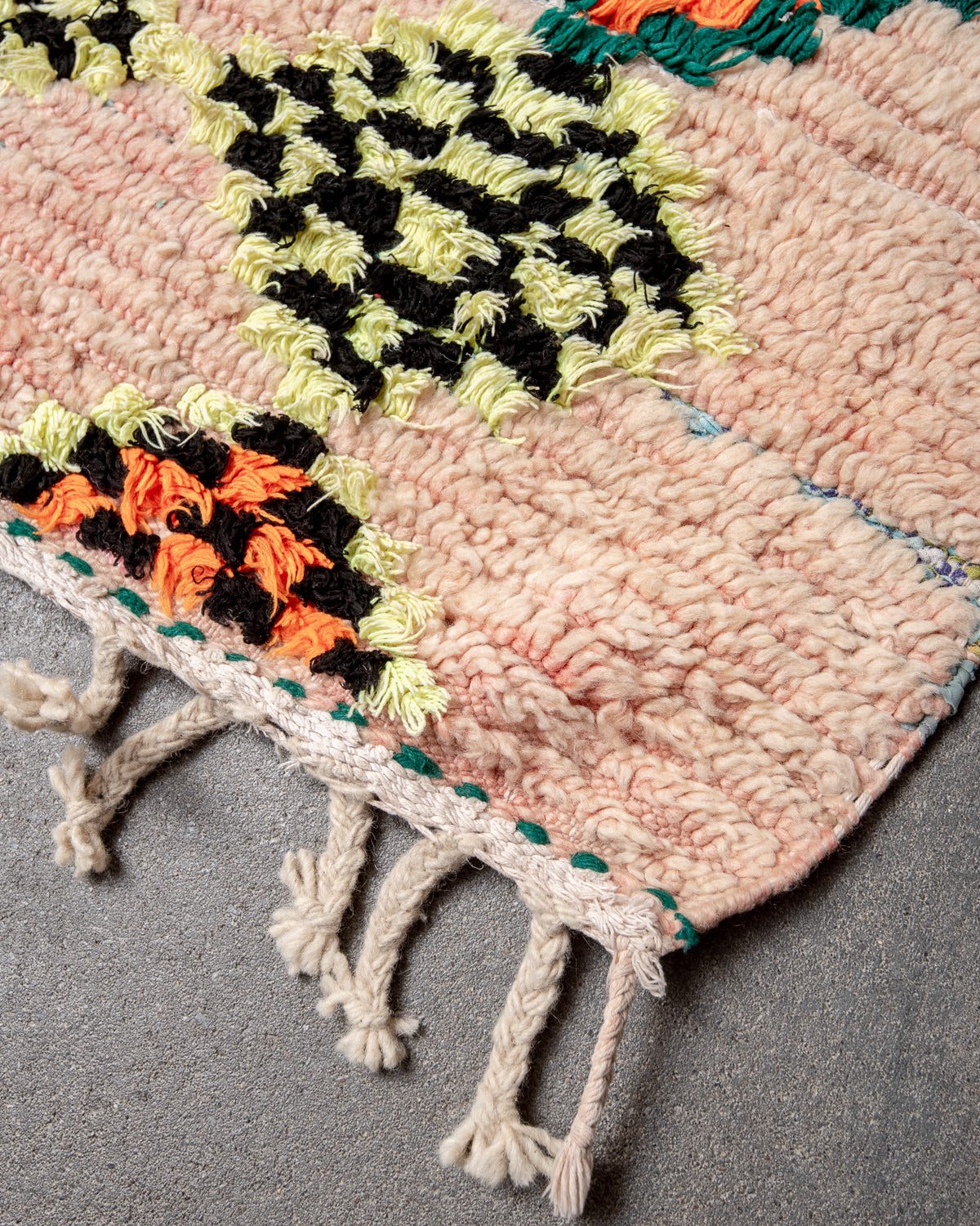 Modern designer vintage handcrafted Berber rug from Morocco. Boucherouite runner rug with beautiful colors and patterns.