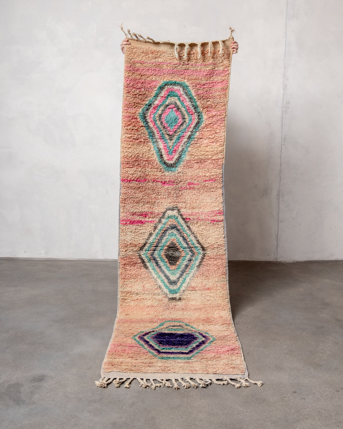 Modern, designer, handcrafted Berber runner rug from Morocco. Vintage carpet with beautiful colours and patterns and fluffy texture.