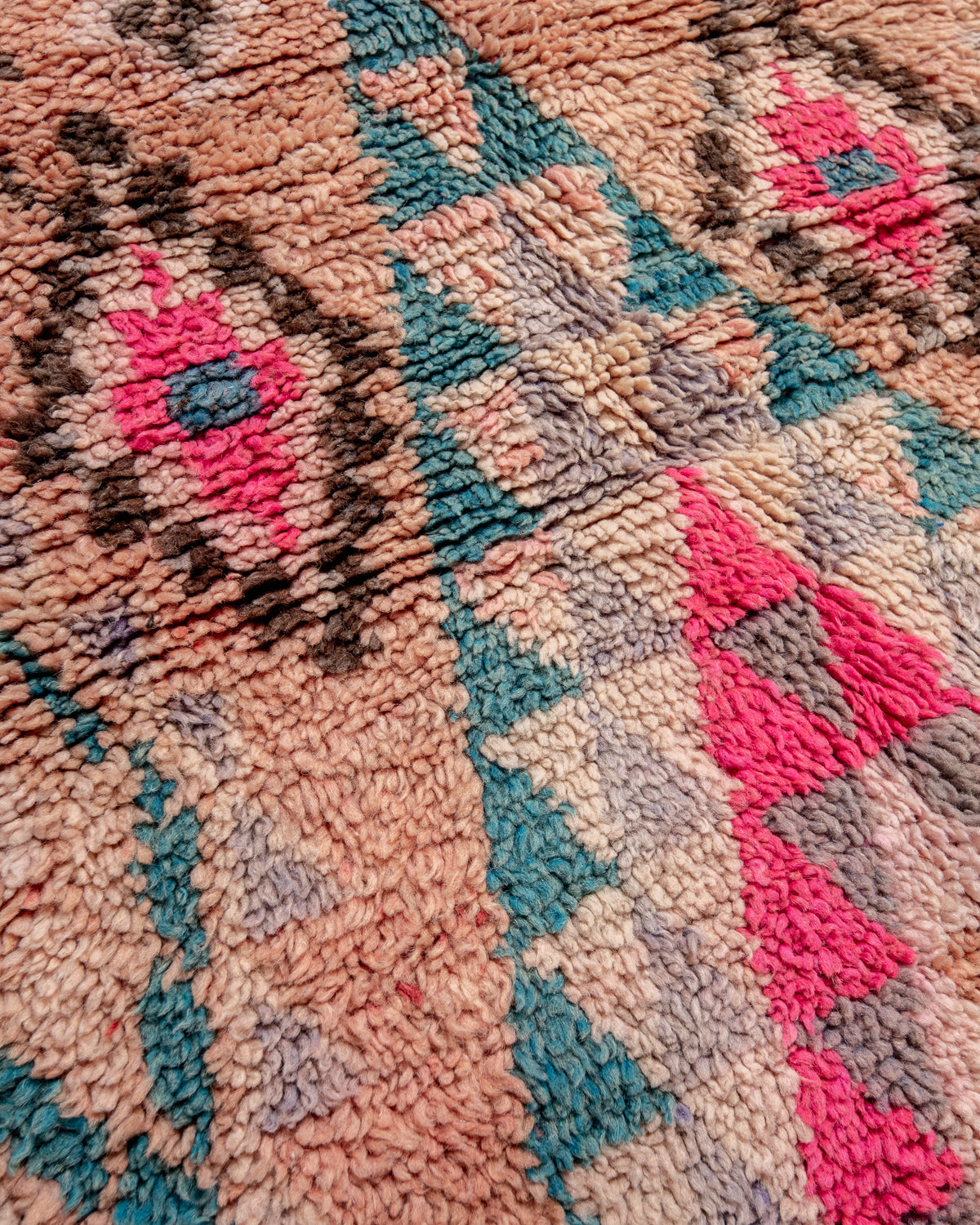 Modern, designer, handcrafted Berber rug from Morocco. Vintage carpet with beautiful colours and patterns and fluffy texture.