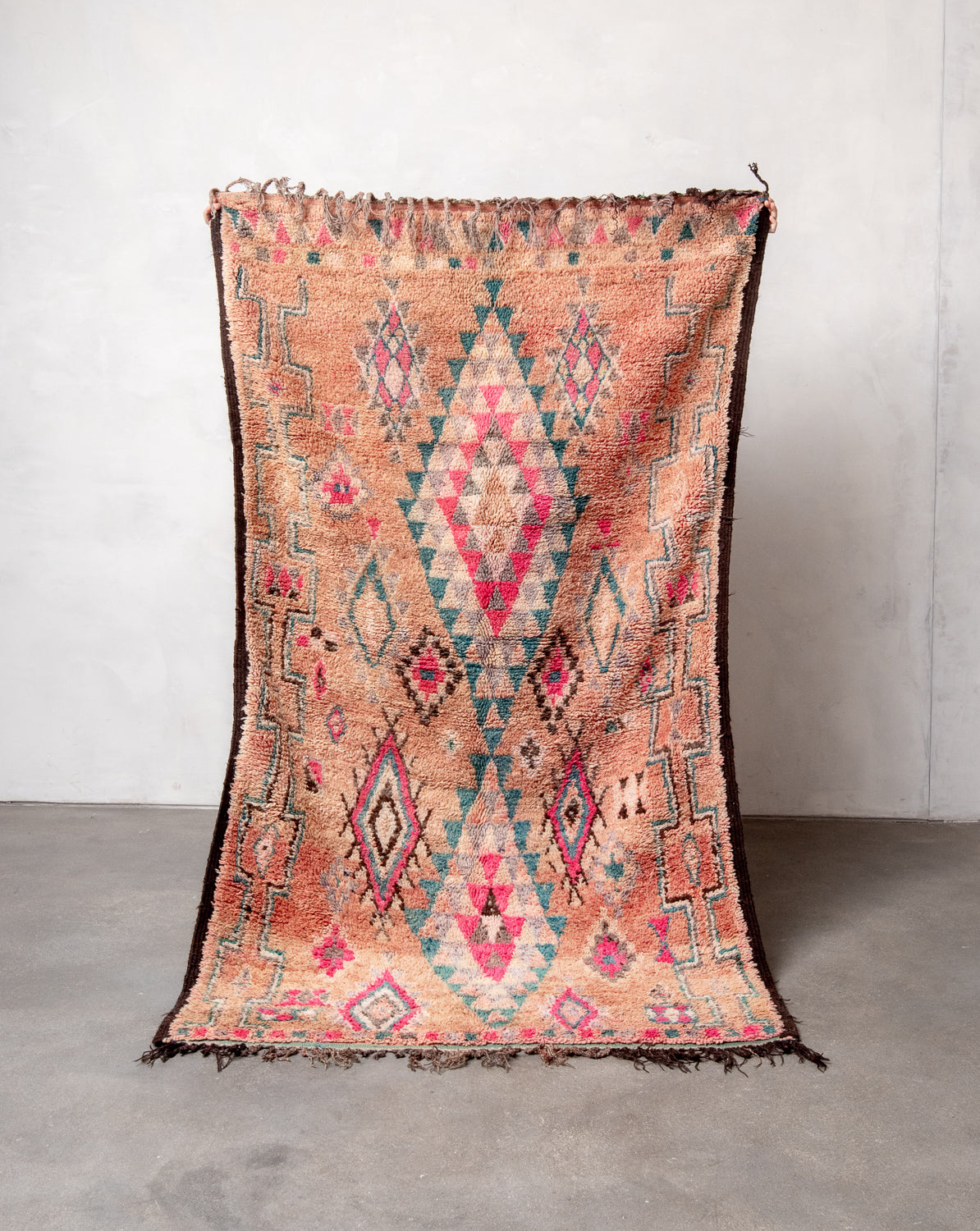 Modern, designer, handcrafted Berber rug from Morocco. Vintage carpet with beautiful colours and patterns and fluffy texture.