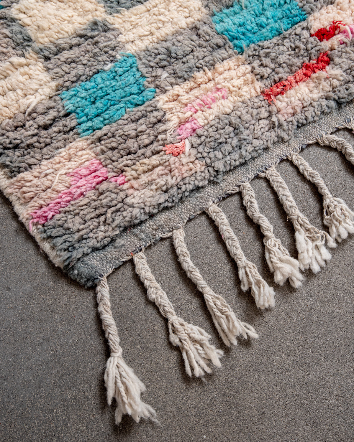 Modern, designer, handcrafted Berber rug from Morocco. Vintage carpet with beautiful colours and patterns and fluffy texture.