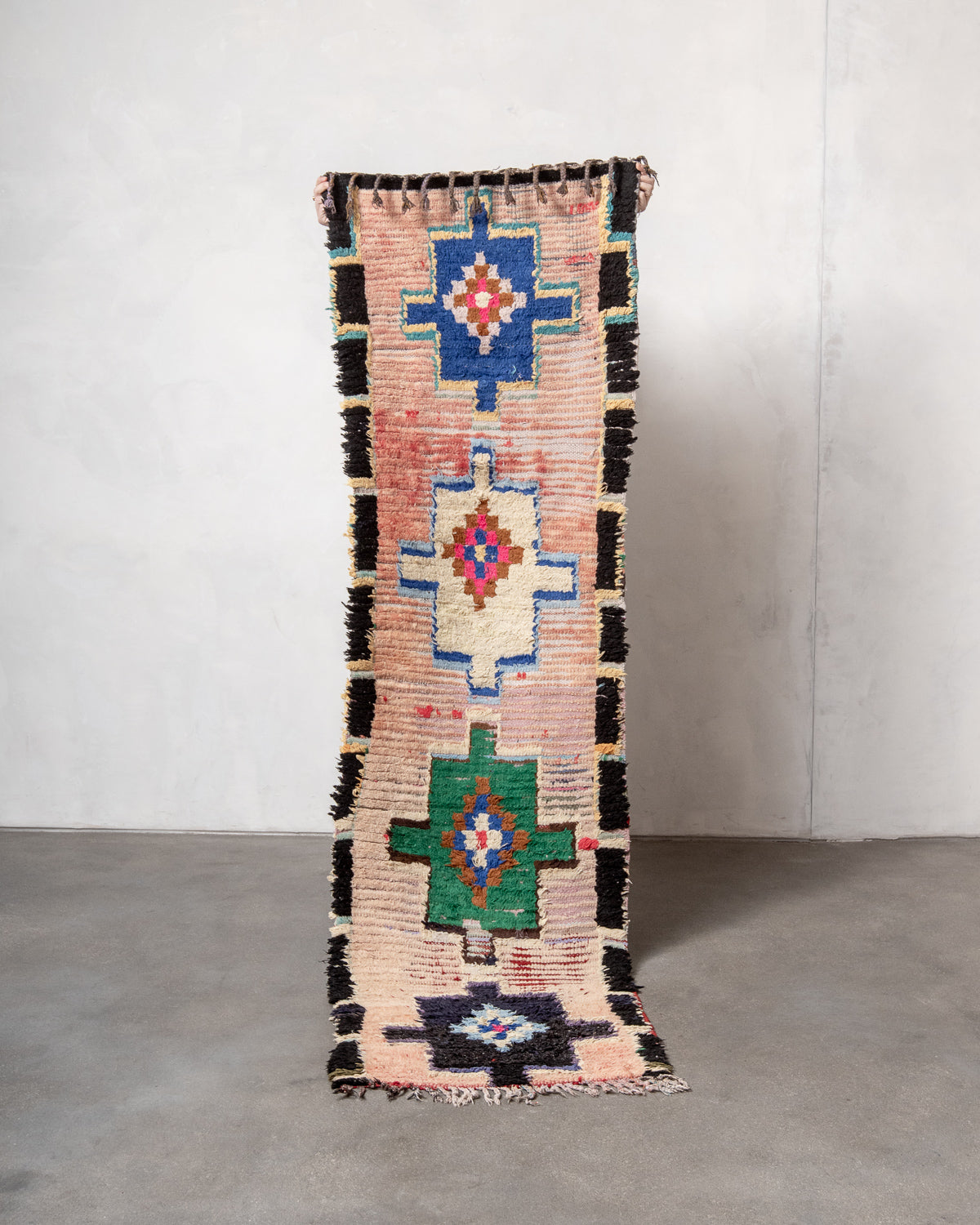 Modern, designer, handcrafted Berber runner rug from Morocco. Vintage carpet with beautiful colours and patterns and fluffy texture.