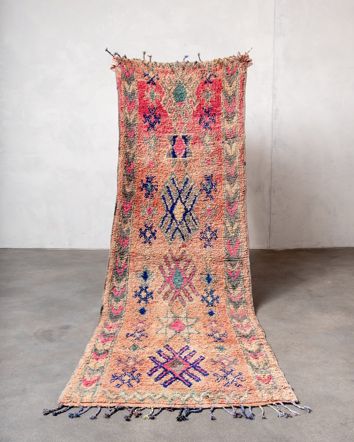 Modern, designer, handcrafted Berber runner rug from Morocco. Vintage carpet with beautiful colours and patterns and fluffy texture.