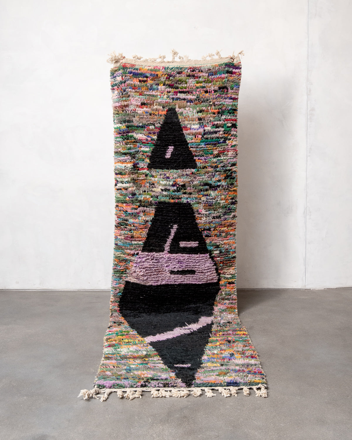 Modern, designer, handcrafted Berber runner rug from Morocco. Vintage carpet with beautiful colours and patterns and fluffy texture.