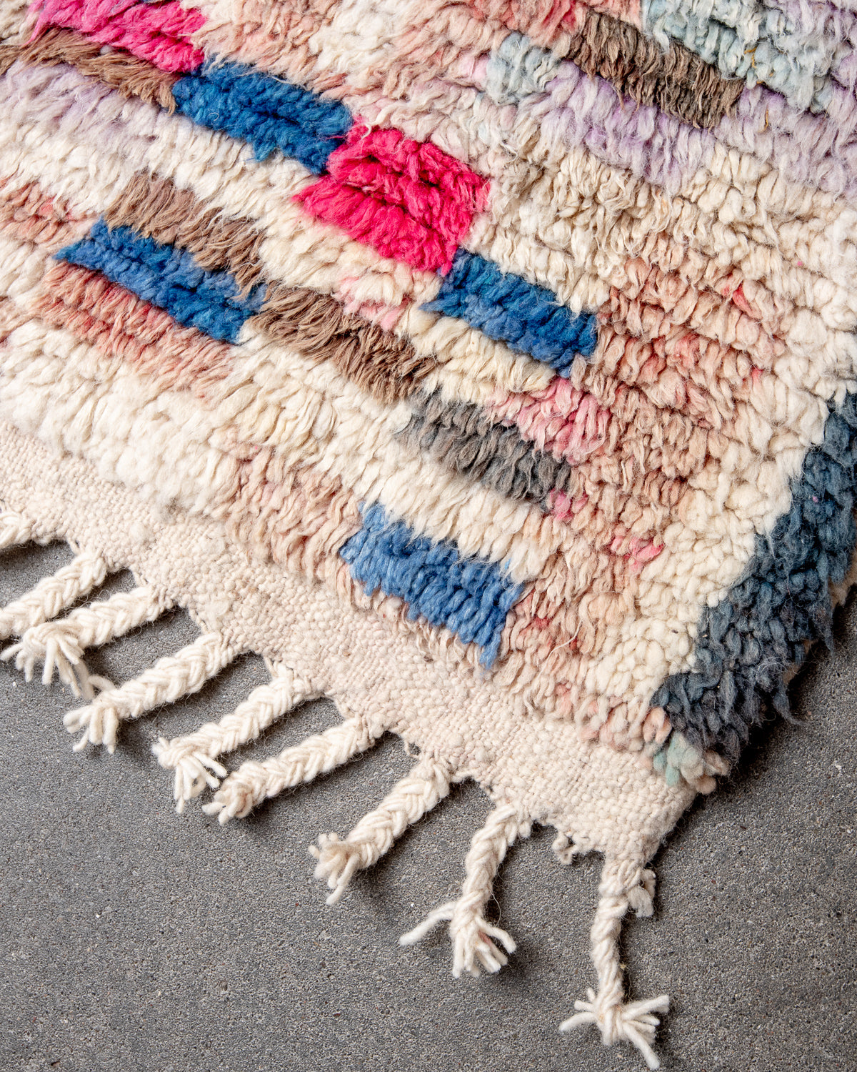 Modern, designer, handcrafted Berber runner rug from Morocco. Vintage carpet with beautiful colours and patterns and fluffy texture.